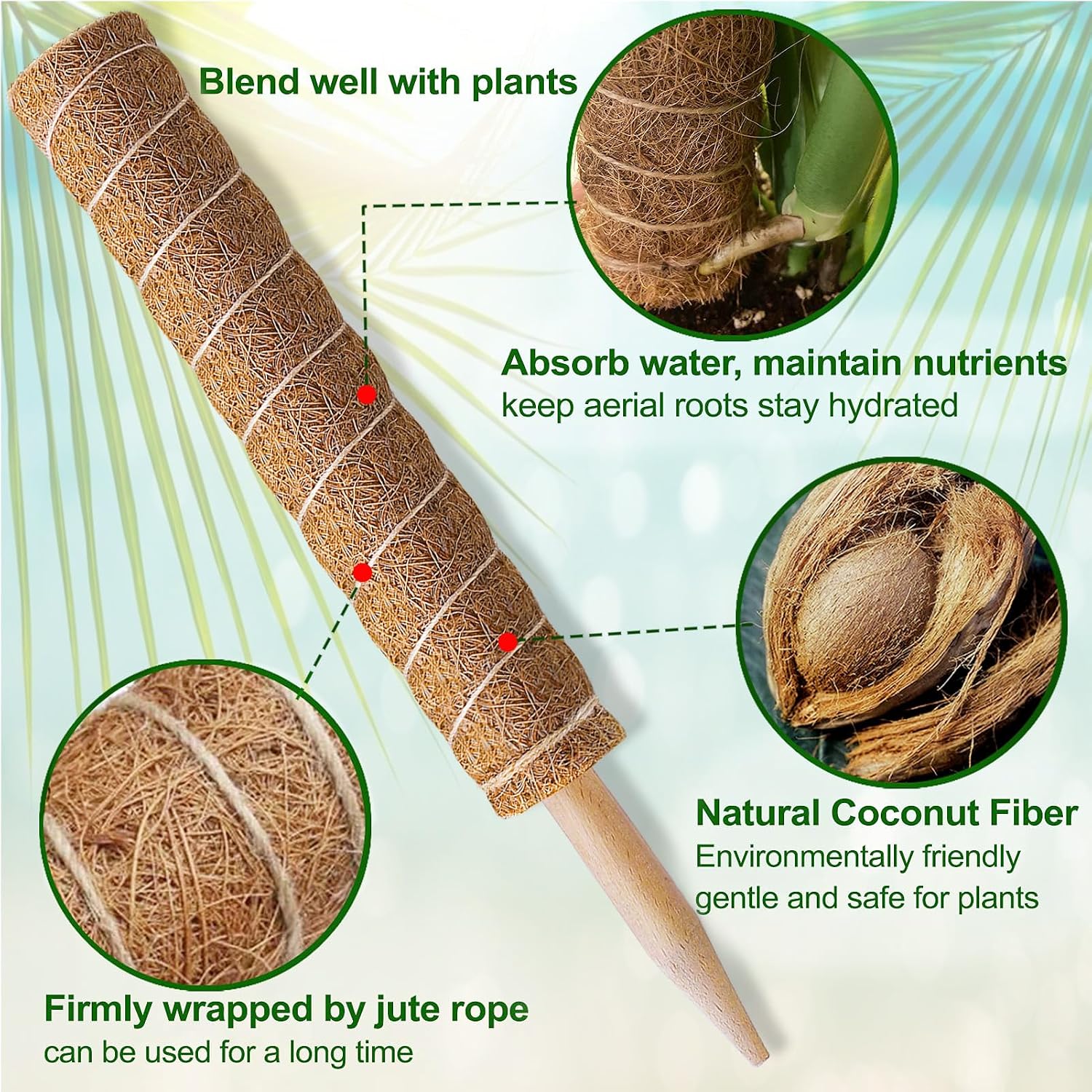Detalle de Fabulas Totem Pole Coir Plant Support, 4-Pack, Extendable to 47.5 Inches