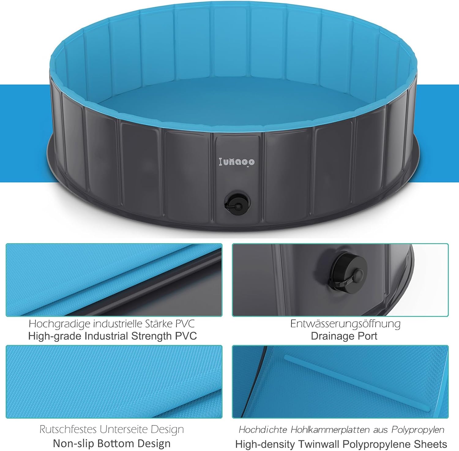 Thumbnail 1 de lunaoo Dog Paddling Pool Foldable Pet Swimming Pool (120 x 30 cm) – portable PVC dog bath tub, light blue