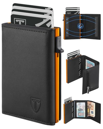Detalle de TEEHON Cartera de Cuero para Hombre con Cierre Magnético y Protección RFID (Negro & Naranja)
