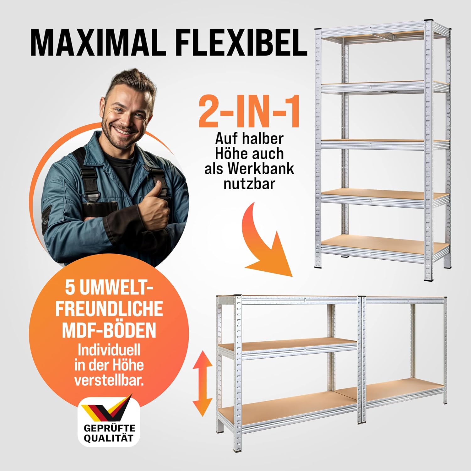 Detalle de Monzana 2er Set Schwerlastregal 180x90x40 cm – verzinkter Stahl, tragfähig bis 875 kg