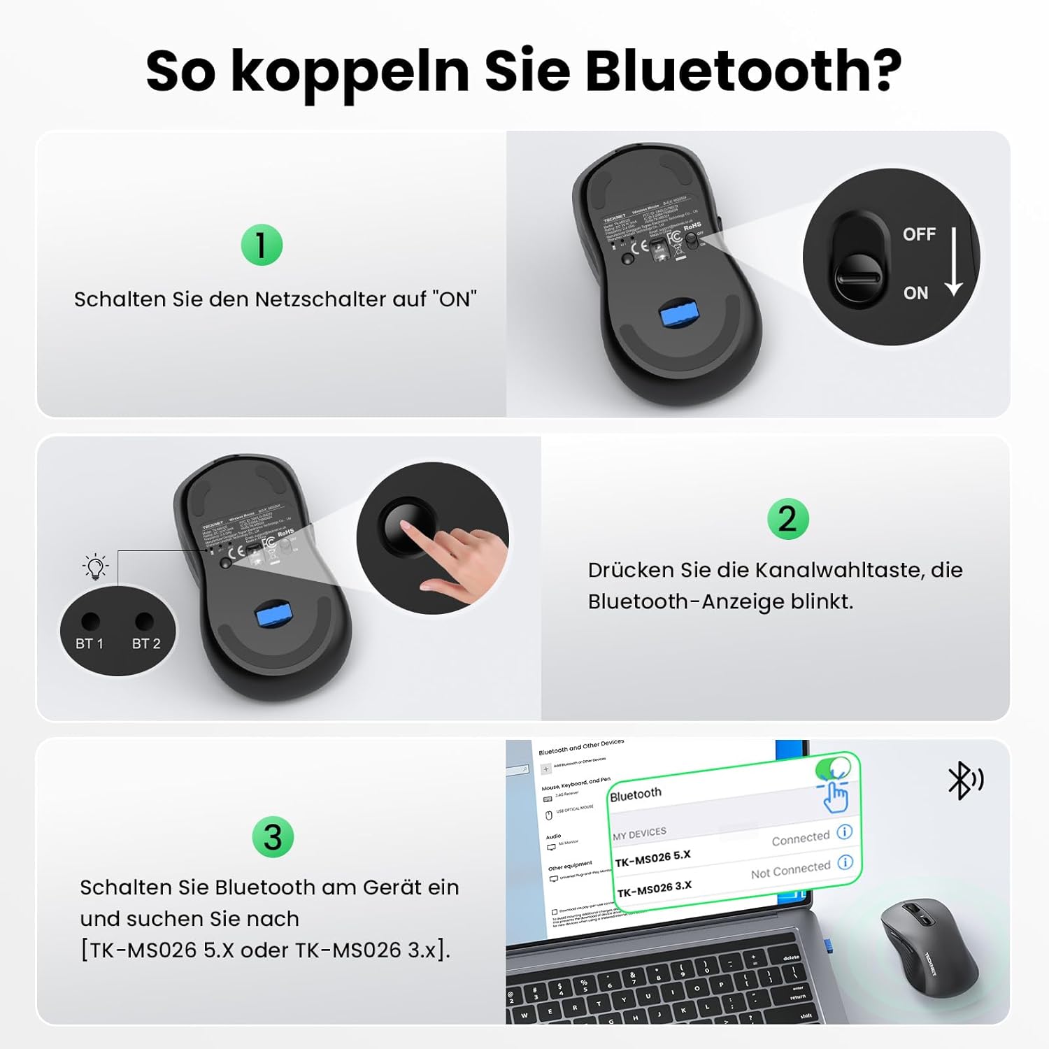 Thumbnail 6 de TECKNET Bluetooth Maus – kabellos, wiederaufladbar, 4800 DPI, leise Klicks, Bluetooth 5.0/3.0 + 2,4 GHz