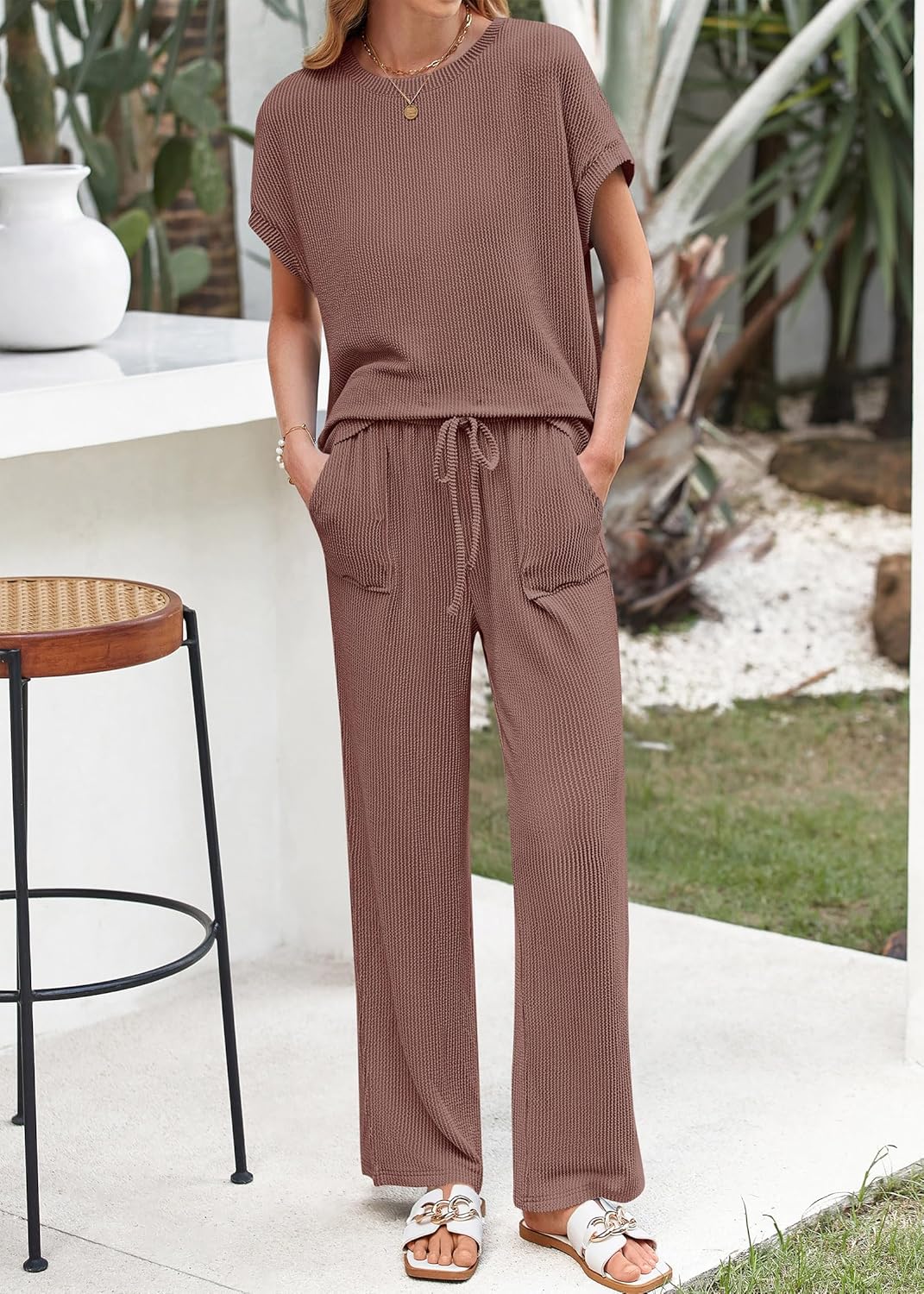 Thumbnail 6 de KIRUNDO 2 Piece Sets for Women: Dressy Casual Ribbed Knit Short Sleeve Tops & Wide Leg Pants Lounge Set