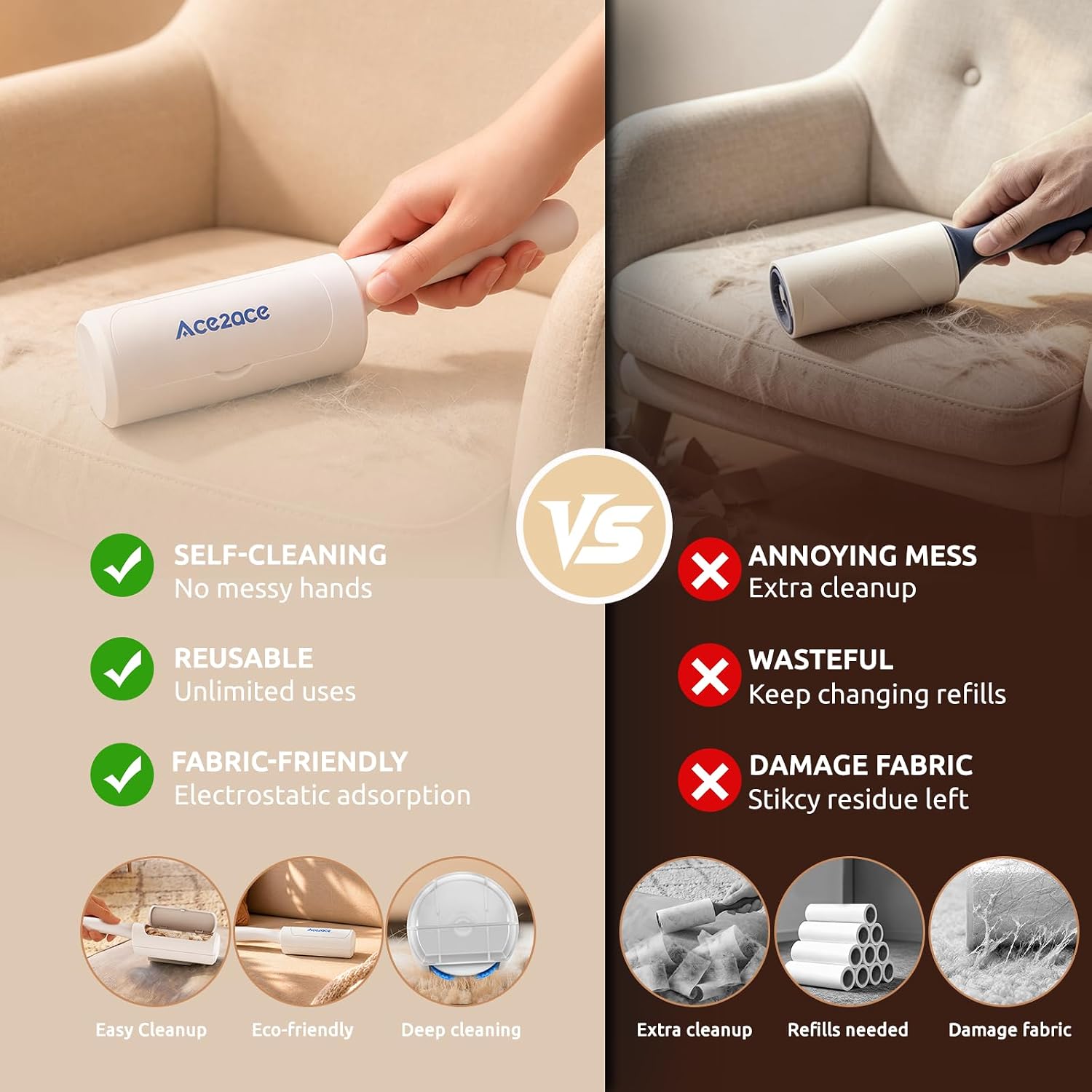 Detalle 2 de ACE2ACE Mini Reusable Lint Roller for Clothes, White Pet Hair Remover
