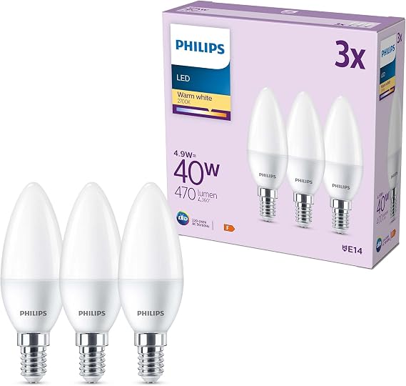 Detalle de Philips - Bombilla LED Vela E14 4.9W - Pack 3 🕯