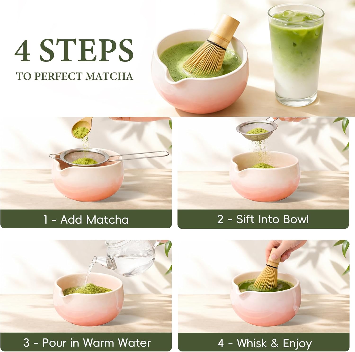 Thumbnail 3 de HUSHHAVN Matcha Whisk Set (Ceramic Bowl, Bamboo Chasen, Sifter & Tools) – 6-Piece Pink Matcha Kit