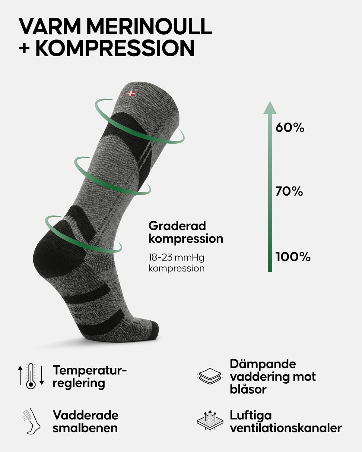 Thumbnail 1 de DANISH ENDURANCE Merinoull kompressionsskidstrumpor, 18–23 mmHg med vadderat smalben