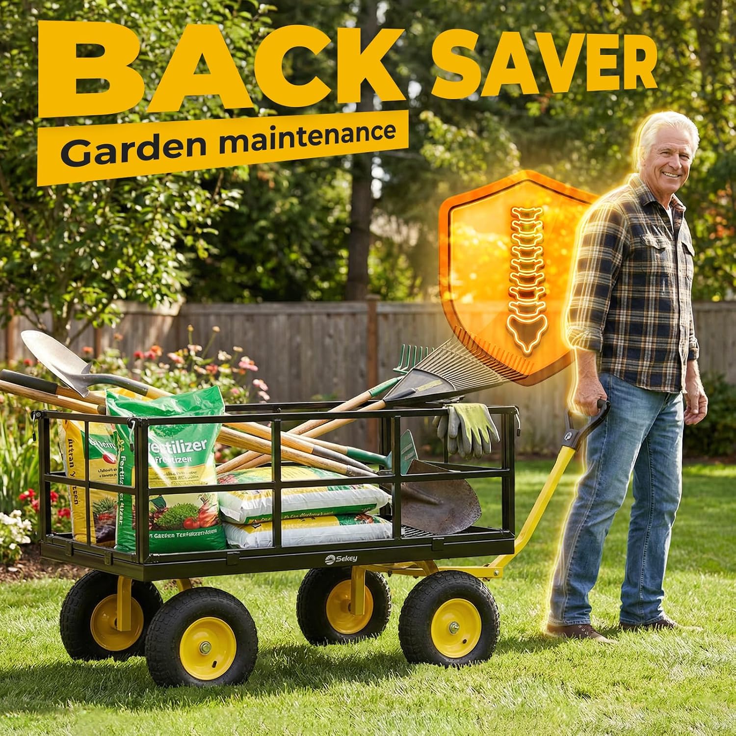 Detalle 1 de Sekey GW18 Steel Garden Cart, 12 Cu Ft, 1,600 lb Capacity, 13-Inch Tires