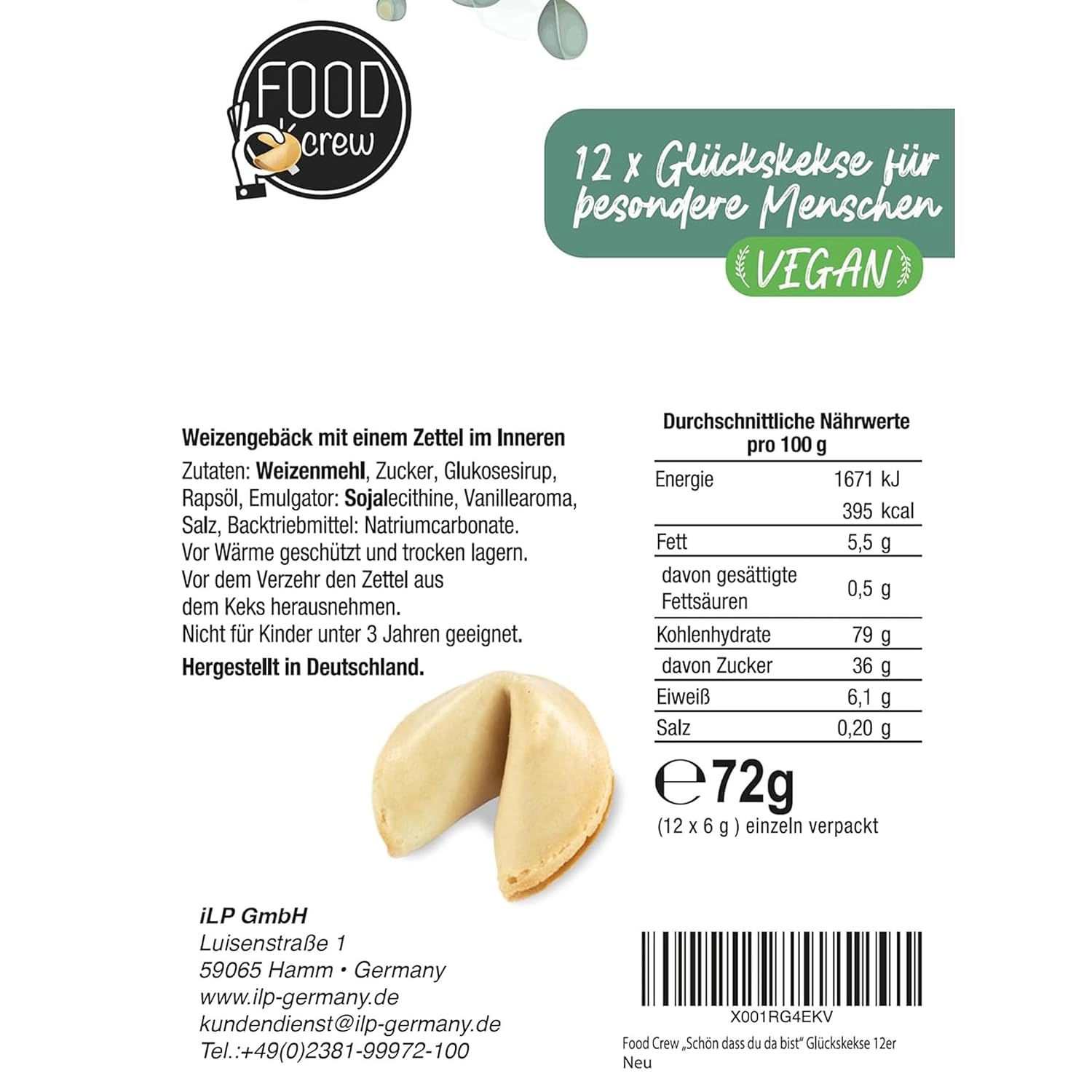 Detalle 2 de FOOD crew 12x Glückskekse „Schön dass du da bist“ – einzeln verpackt, vegan (Gastgeschenk Hochzeit & Kommunion)