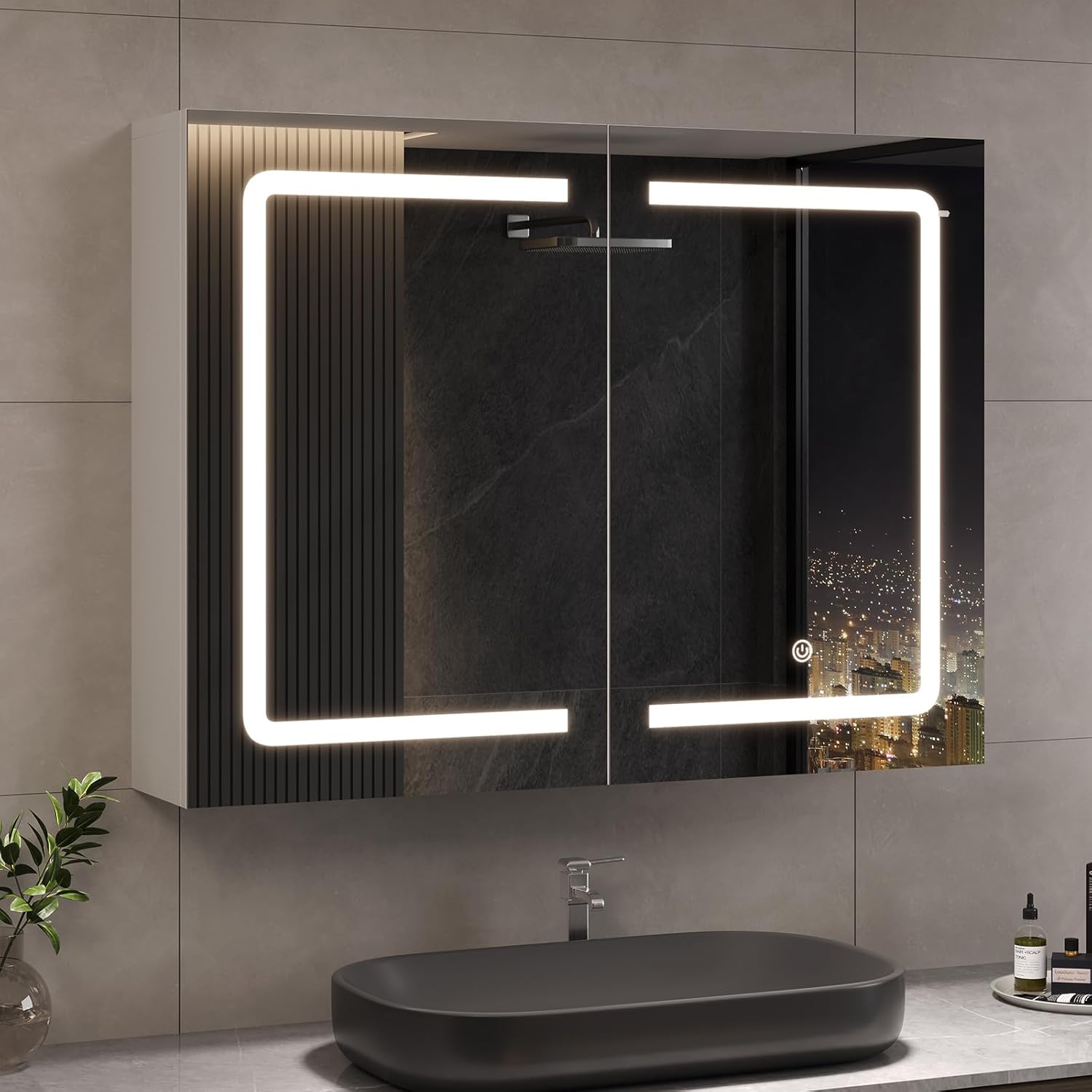DICTAC Badezimmer Spiegelschrank mit LED & Sensorschalter, 80 x 60 x 16 cm (Doppeltür, Steckdose)