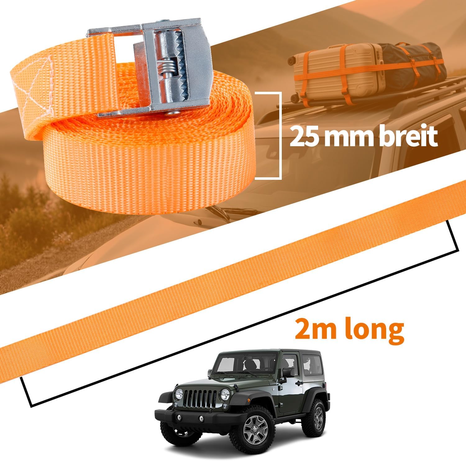 Detalle de 10 Stück Kurze Spanngurt mit Ratsche (2 m) – DIN EN 12195-2, 25 mm breit, Tragfähigkeit 250 kg