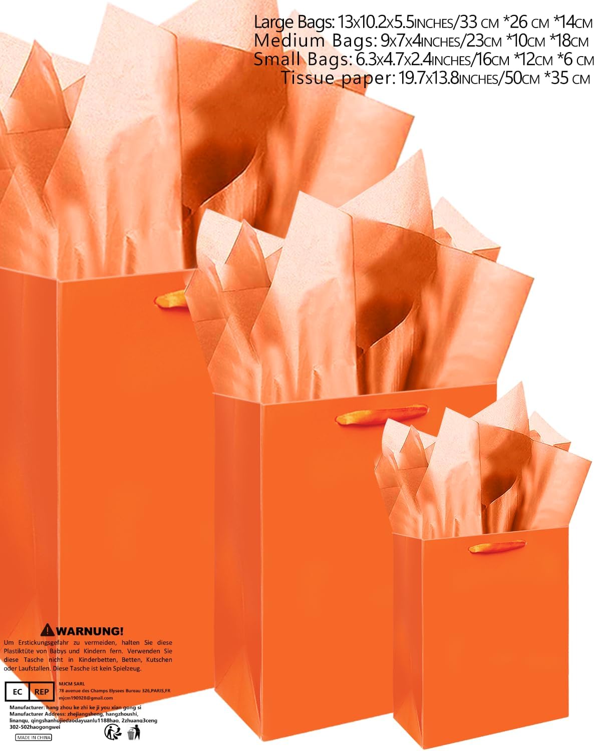 Detalle de Gcardis Geschenktüten in leuchtendem Orange – 10-tlg. Set mit Seidenpapier, verschiedene Größen