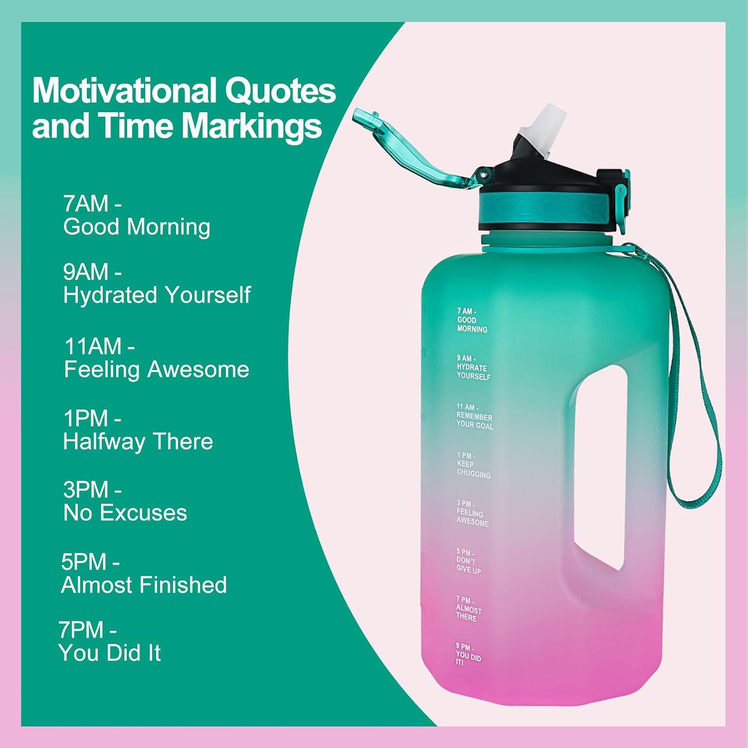 Thumbnail 4 de GLEKGLEK 2.2 Litre Water Bottle with Straw, Time Markings & Handle (BPA Free) – Leakproof Sport Jug, Green Pink