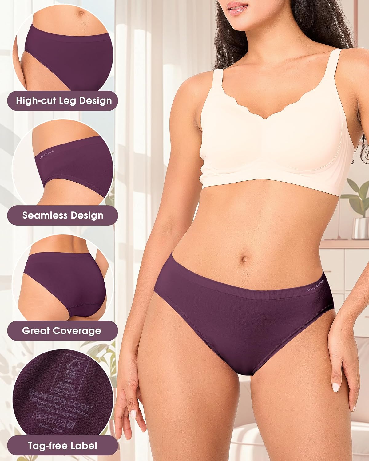 Detalle 2 de BAMBOO COOL Women's Seamless Mid-Waist Briefs 🩲