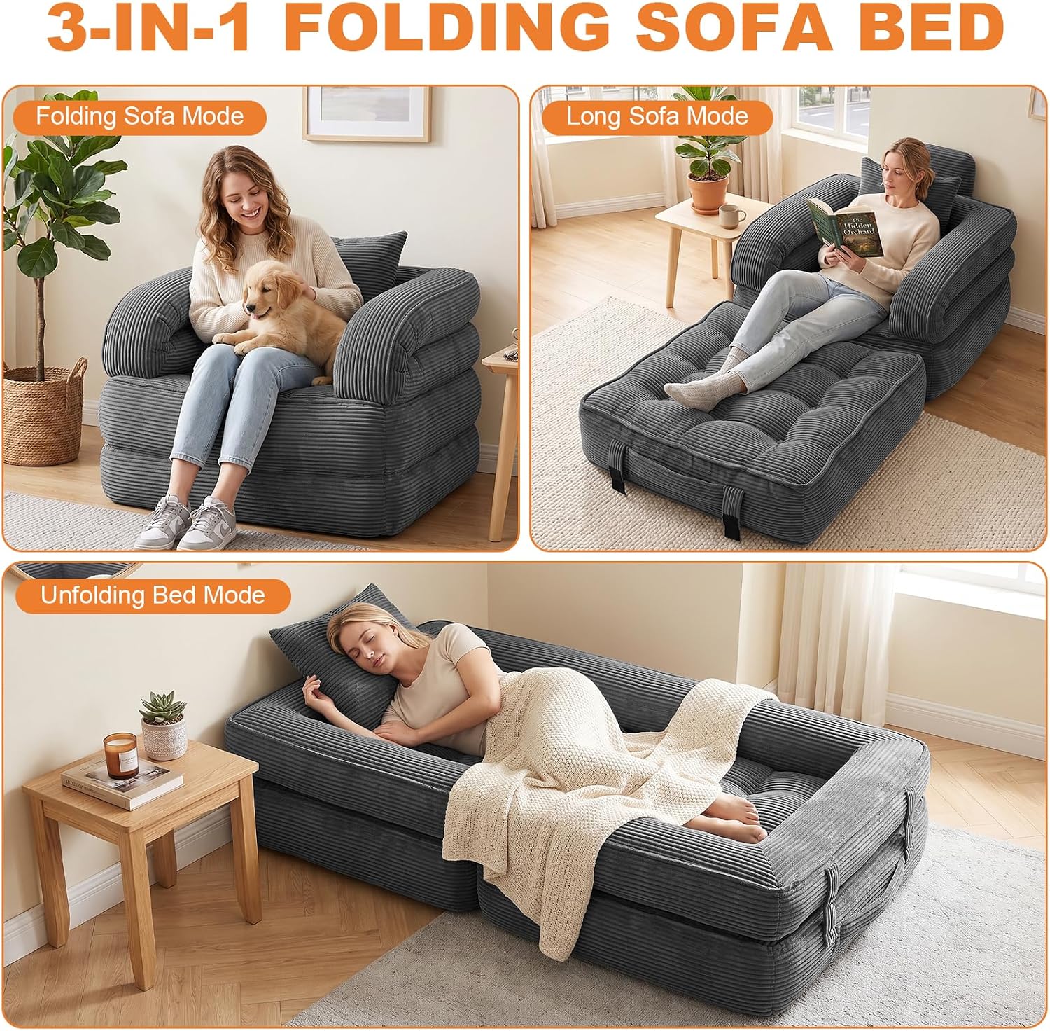 Detalle de CUBIOU Y8022-Dark Gray Convertible Sofa Bed, 3-in-1 Corduroy Floor Chair