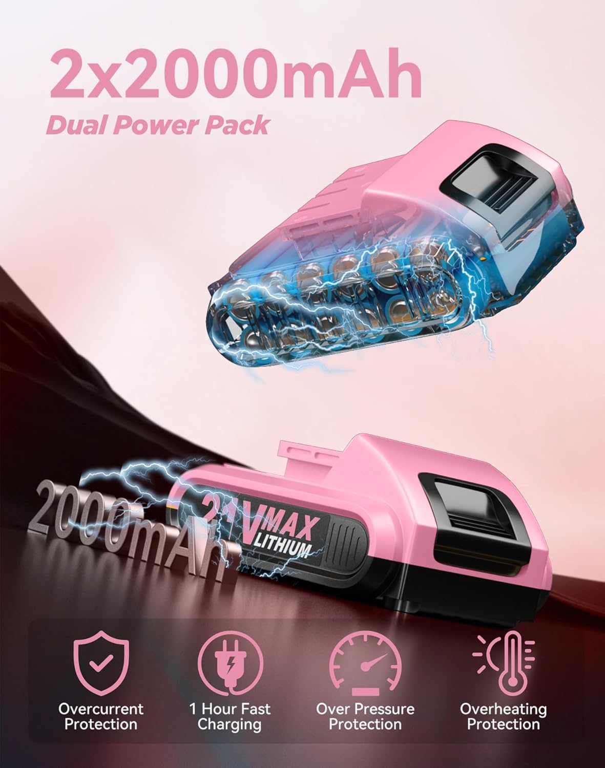 Detalle 2 de Pink Cordless Drill Set 21V with 2 Batteries – 90 Accessory Kit