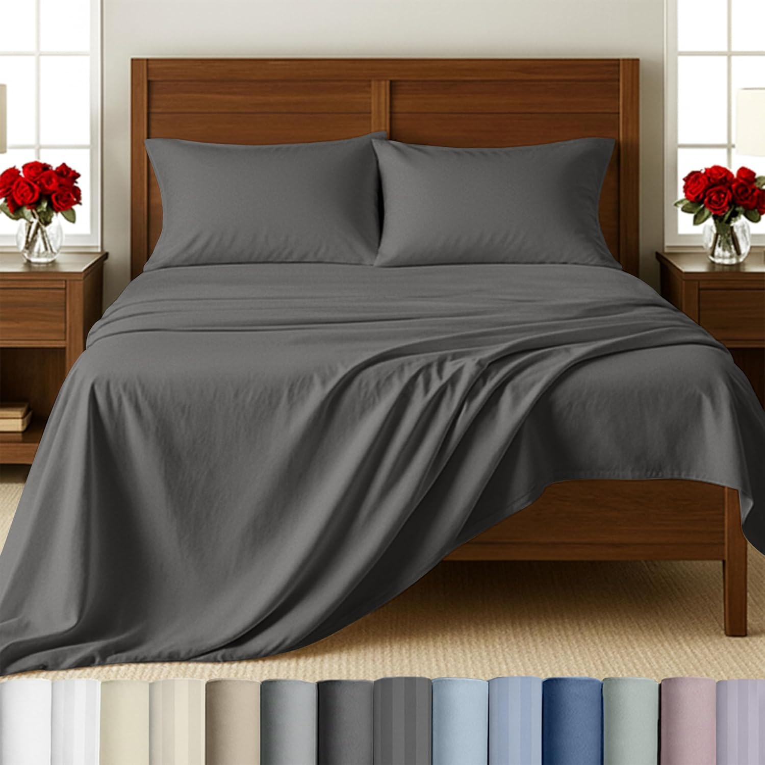 Detalle de California Design Den 500TC 100% Cotton Twin XL Sheets Set in Dark Grey