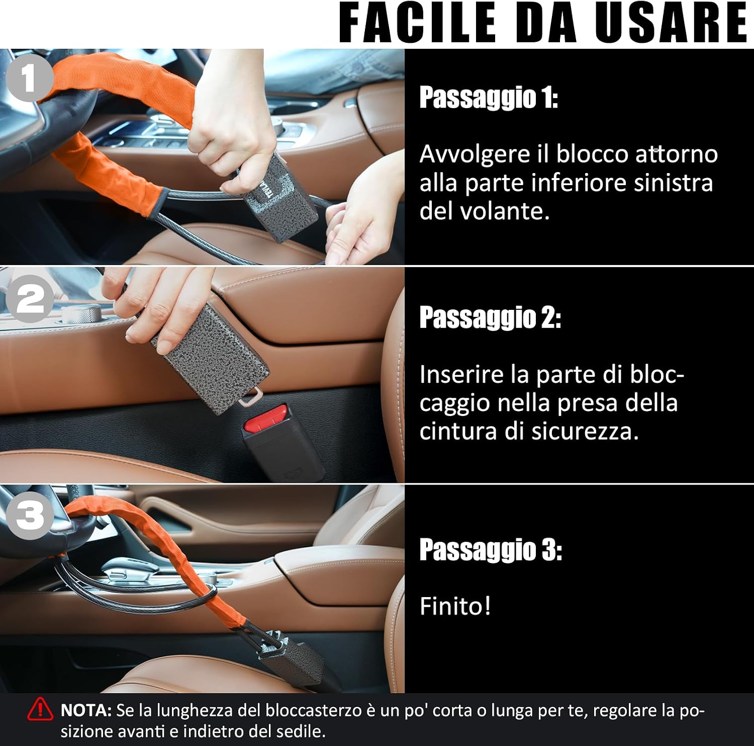 Detalle 2 de Tevlaphee Blocca Sterzo Automobile: Antifurto robusto, visibile e universale (Arancione)