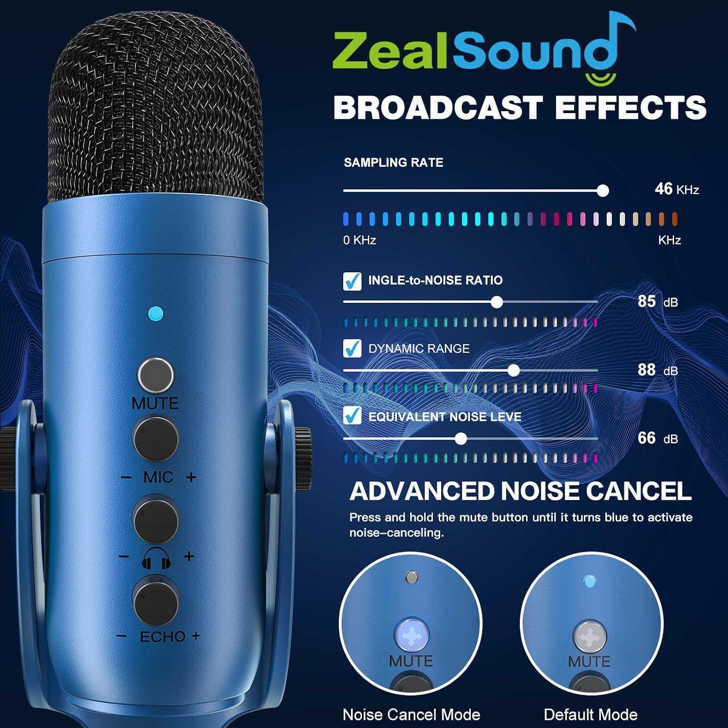 Detalle de ZealSound K66 USB Kondensator Mikrofon – Blau, Plug & Play, Rauschunterdrückung, Gain & Echo