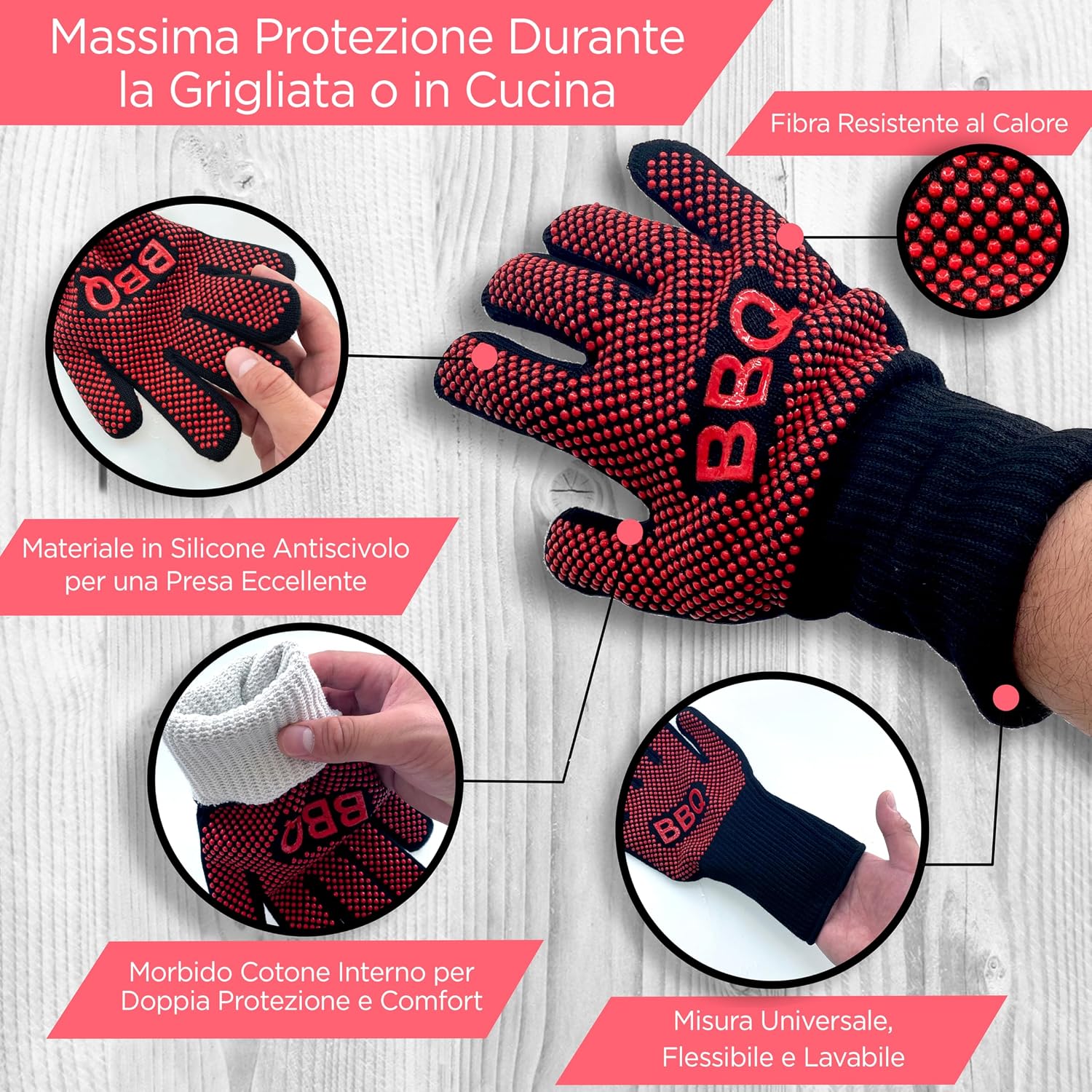 Detalle de Guanti da forno BBQ NutriChef resistenti fino a 800°C, antiscivolo in silicone