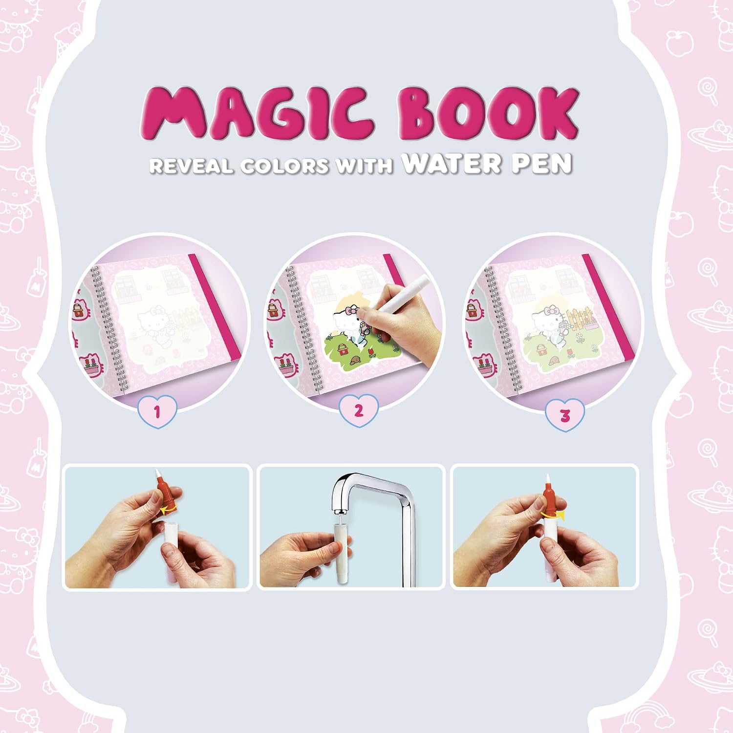 Detalle 1 de Lisciani Hello Kitty – Libro magico riutilizzabile da colorare ad acqua con penna inclusa (12 pagine) dai 3 anni