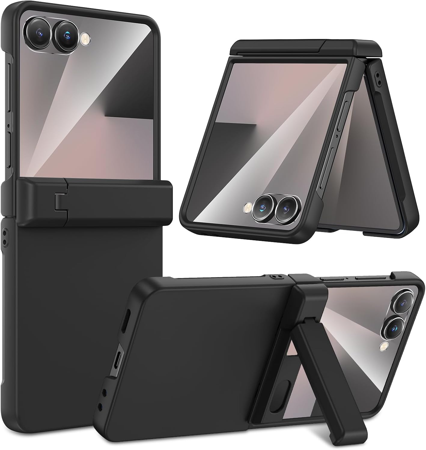 Detalle de HWeggo Case for Galaxy Z Flip 7: hinge protection, built‑in screen protector and hidden kickstand