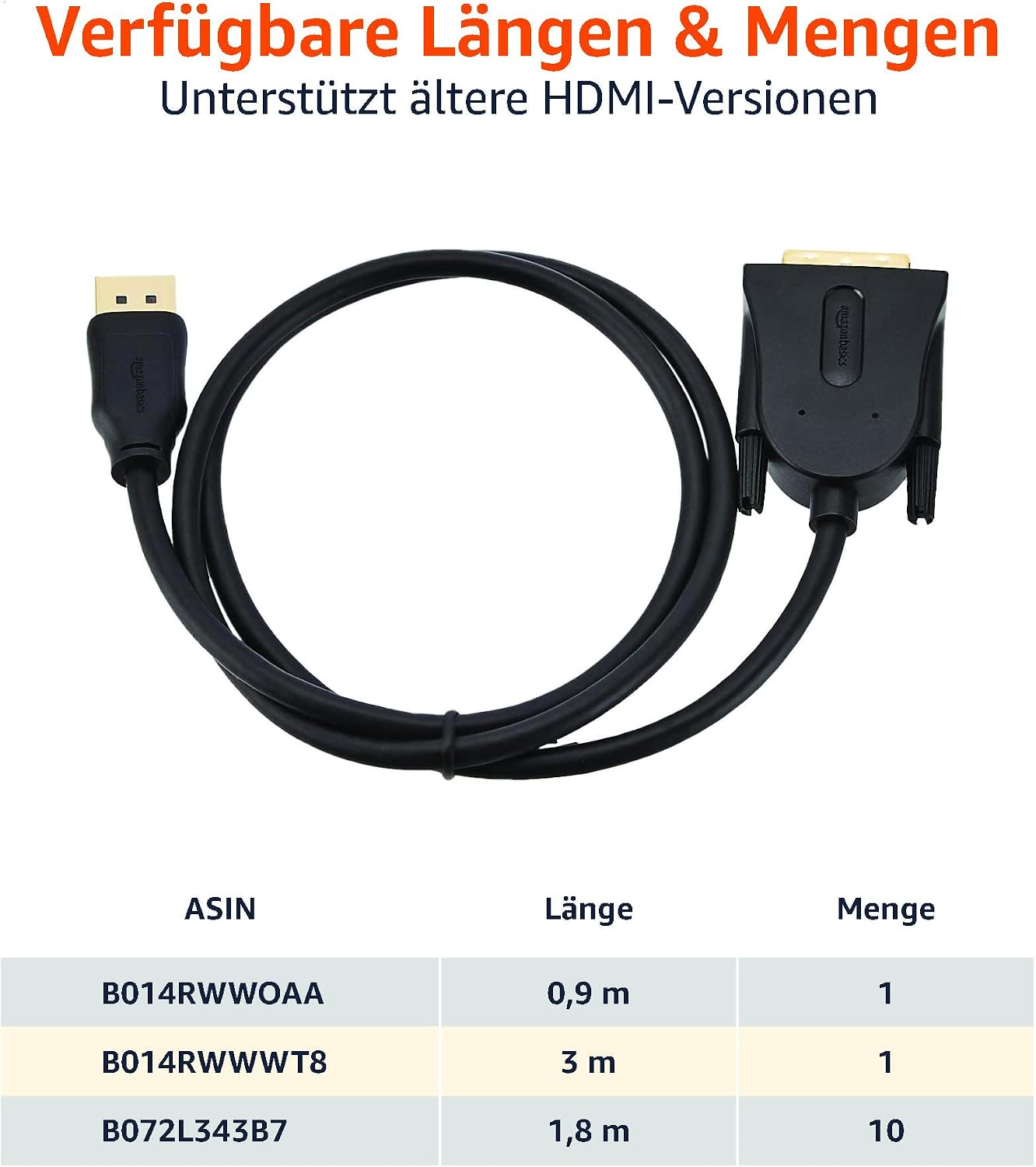 Detalle de Amazon Basics DisplayPort-zu-DVI-Verbindungskabel (Full HD), 1,82 m, 10er-Pack, schwarz