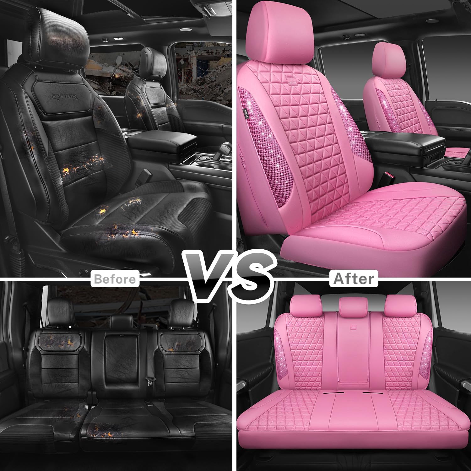Detalle 2 de CAR PASS Bling Diamond Pink Leather Car Seat Covers Full Set