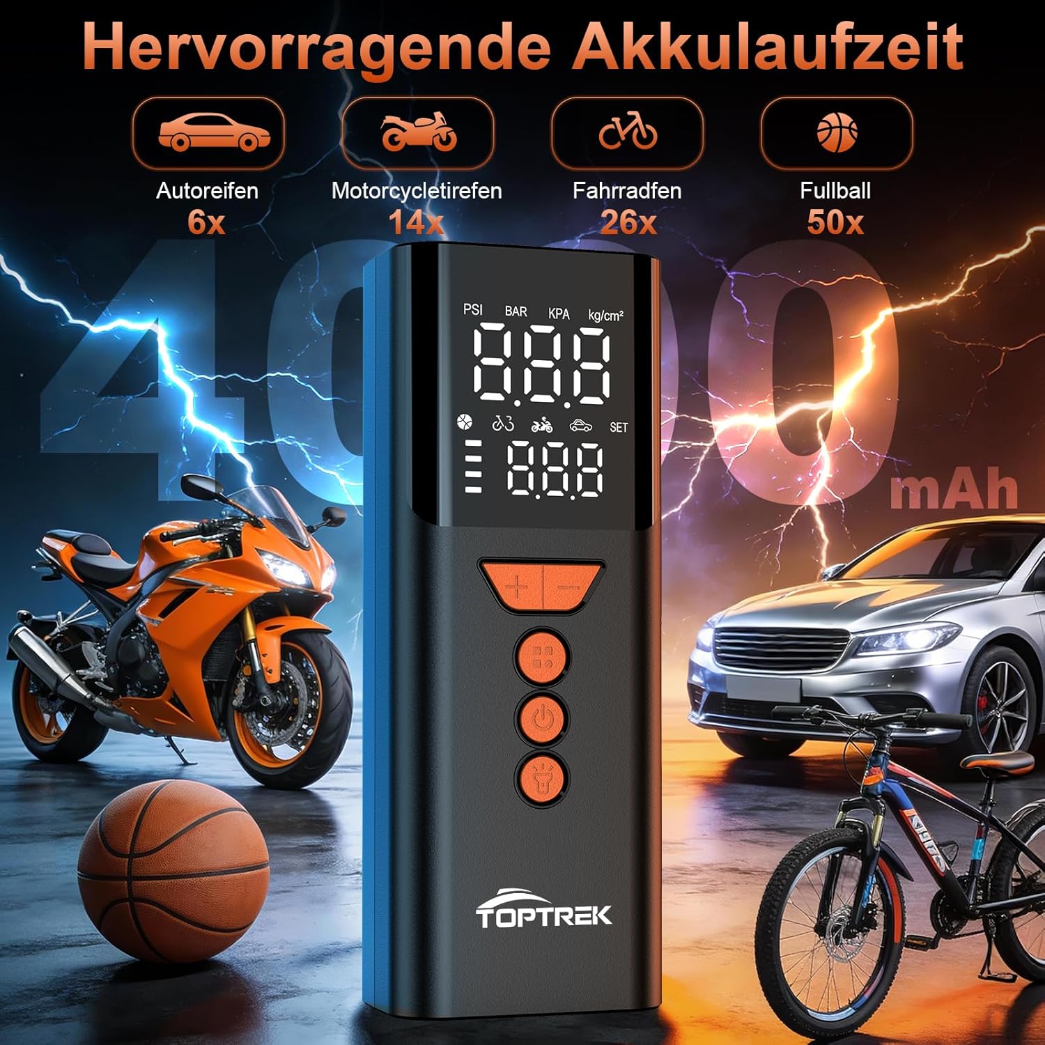 Detalle de toptrek Elektrische Luftpumpe (150 PSI) kabellose Akku-Fahrradpumpe mit LED, Powerbank-Funktion & USB‑C
