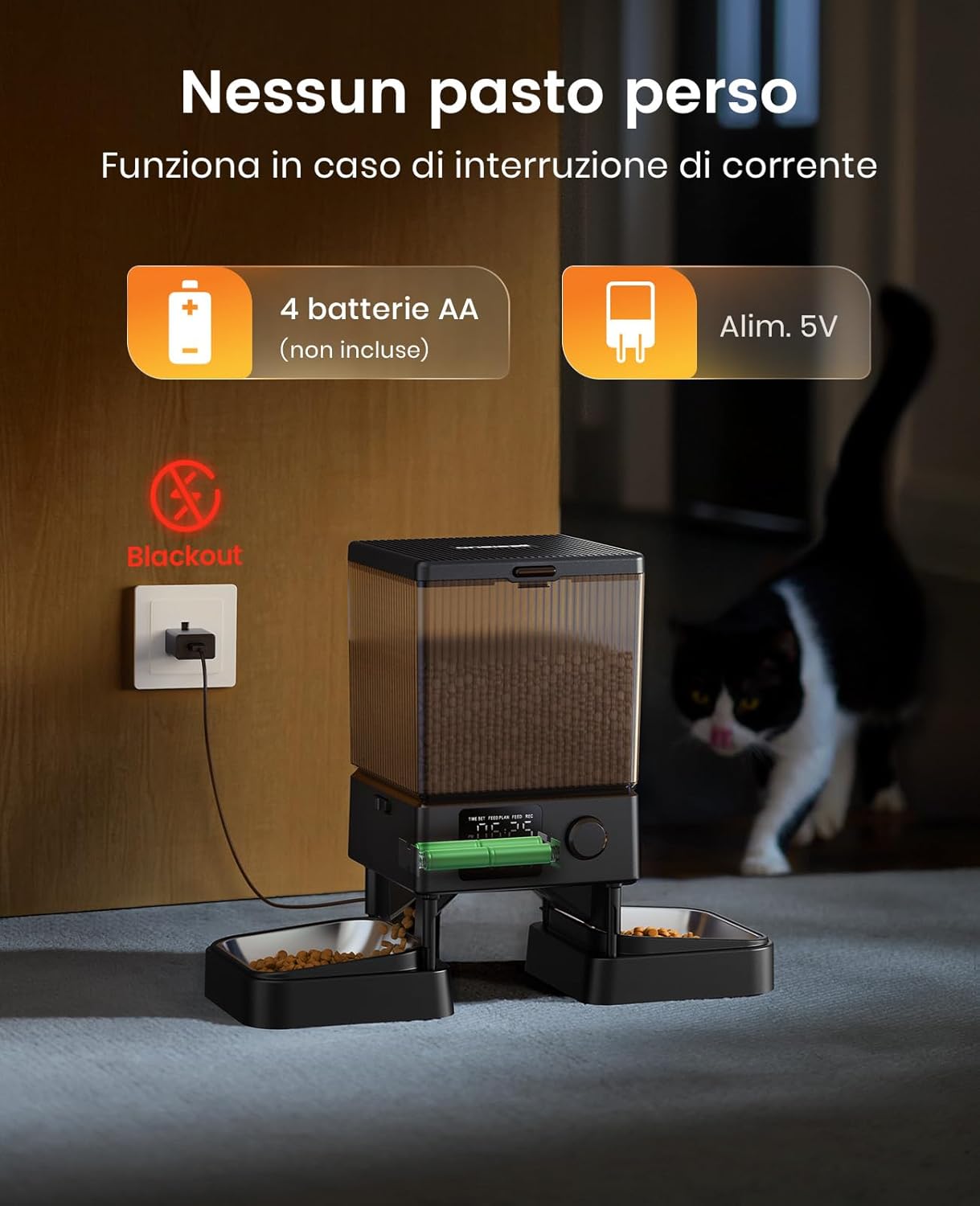 Thumbnail 6 de Oneisall Distributore Automatico Cibo Gatti 5L con Due Ciotole, Registratore Vocale e Alimentazione Bidirezionale