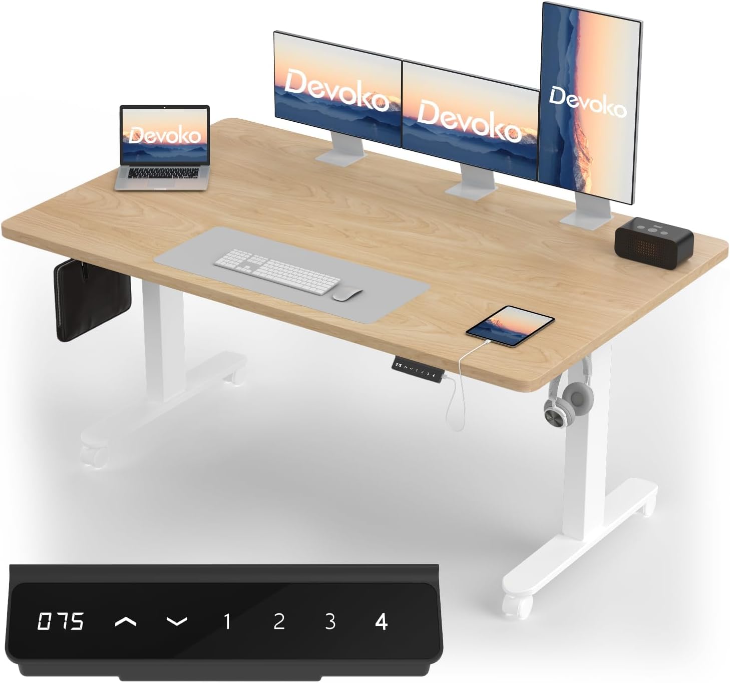 Detalle de Devoko höhenverstellbarer Schreibtisch mit 2 Motoren, 160x80 cm Tischplatte (Eiche, 25 mm) – elektrisch, mobil mit Kabelmanagement