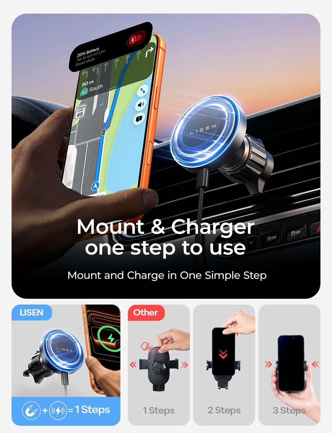 Detalle de LISEN 15W MagSafe Car Mount Charger