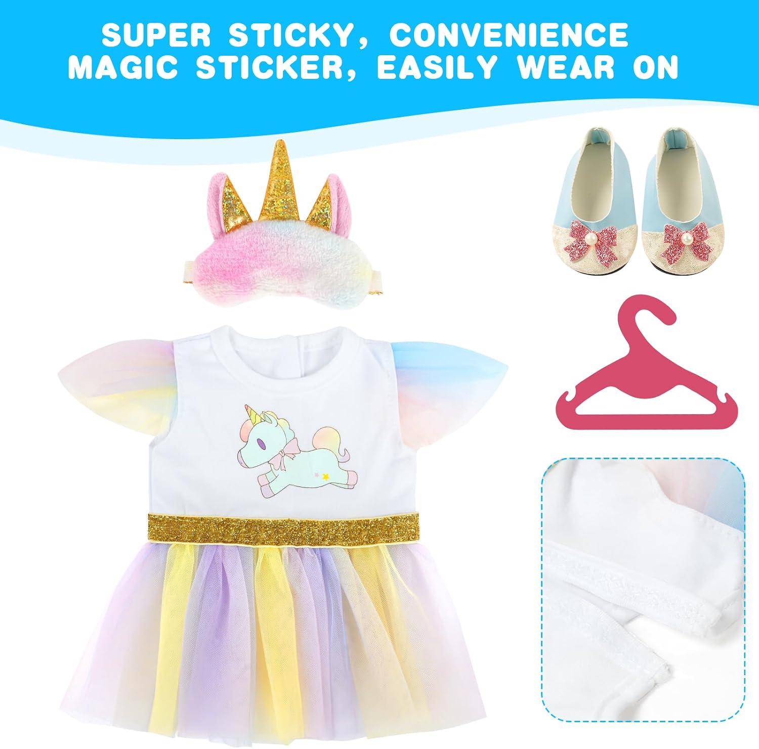 Detalle de Set vestiti per bambola Aolso con unicorno (abito, cappello, scarpe e gruccia) per bambole 35–45 cm