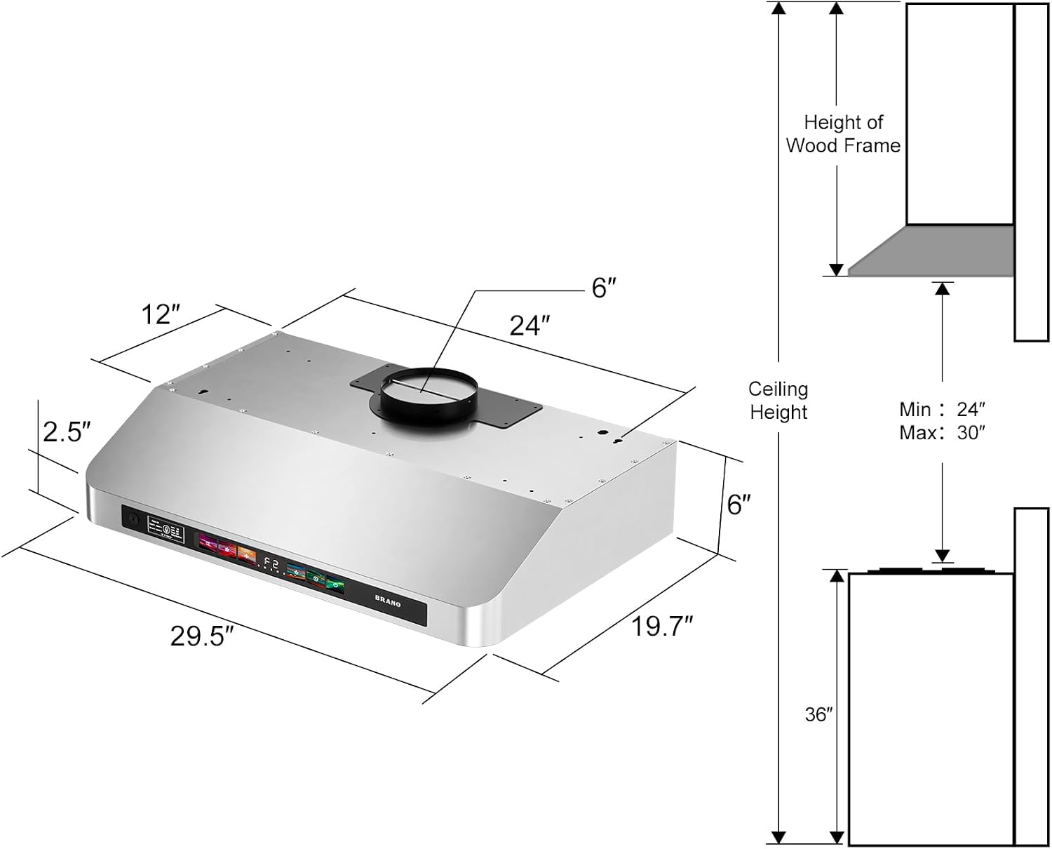 Detalle de BRANO GXEA-197C-30'' 30-Inch Under-Cabinet Range Hood, 900 CFM