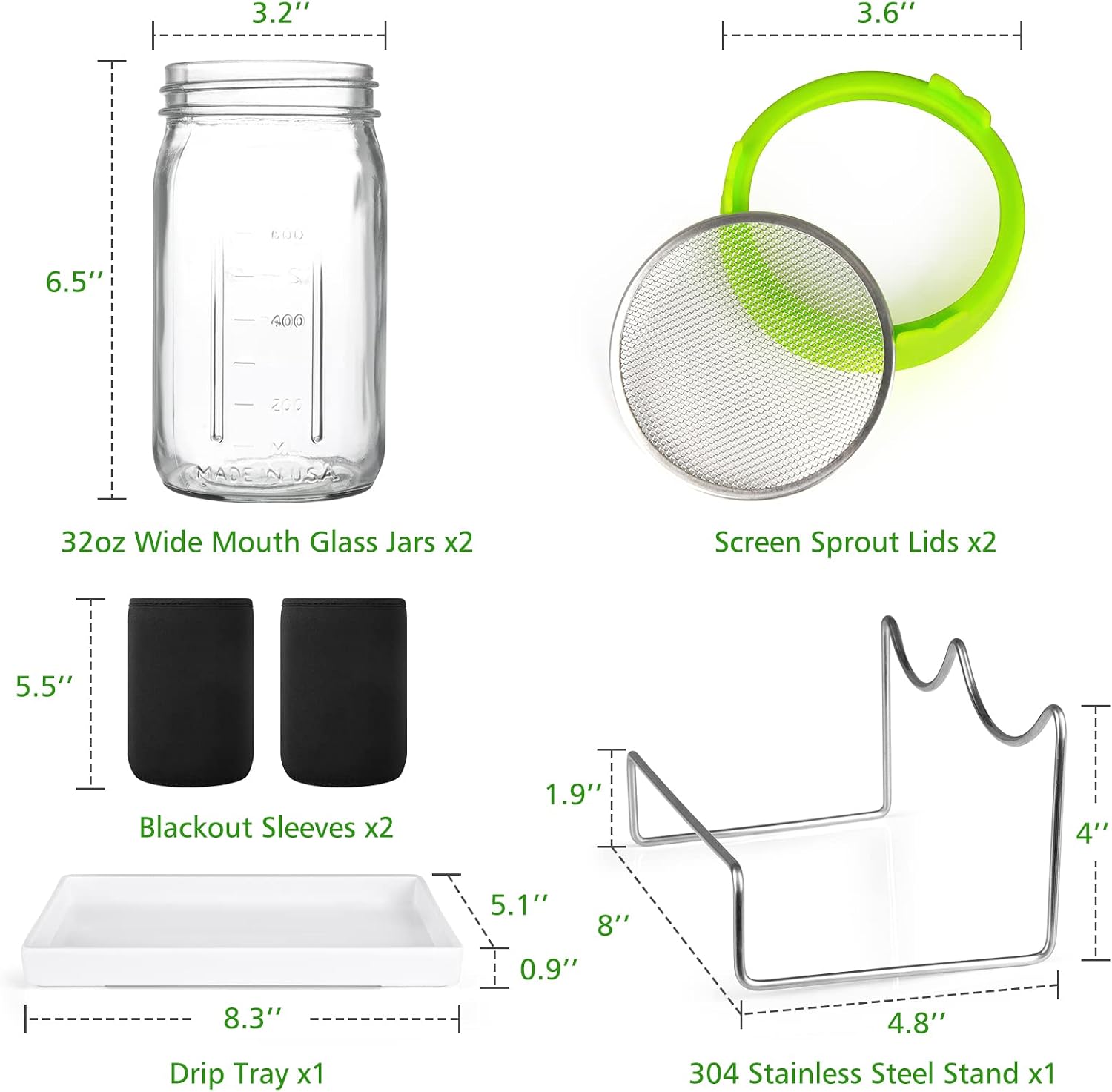Detalle de Kitmiido Sprouting Kit for Seeds, 2 Wide-Mouth Jars, Mesh Lids & Sleeves