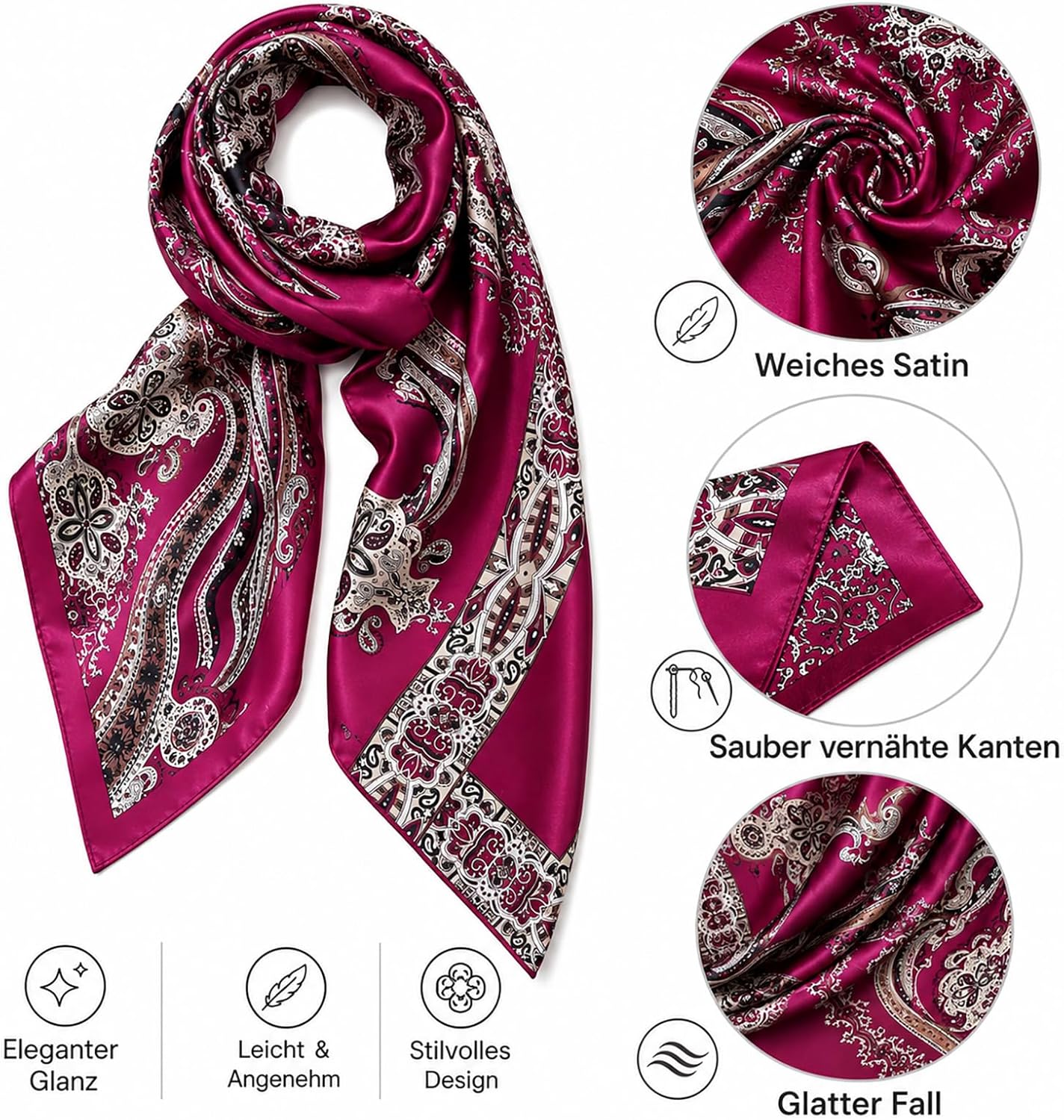 Thumbnail 4 de FAIRYGATE Damen Quadratischer Satin-Schal 90x90 cm – eleganter Kopftuch- und Haarband-Style