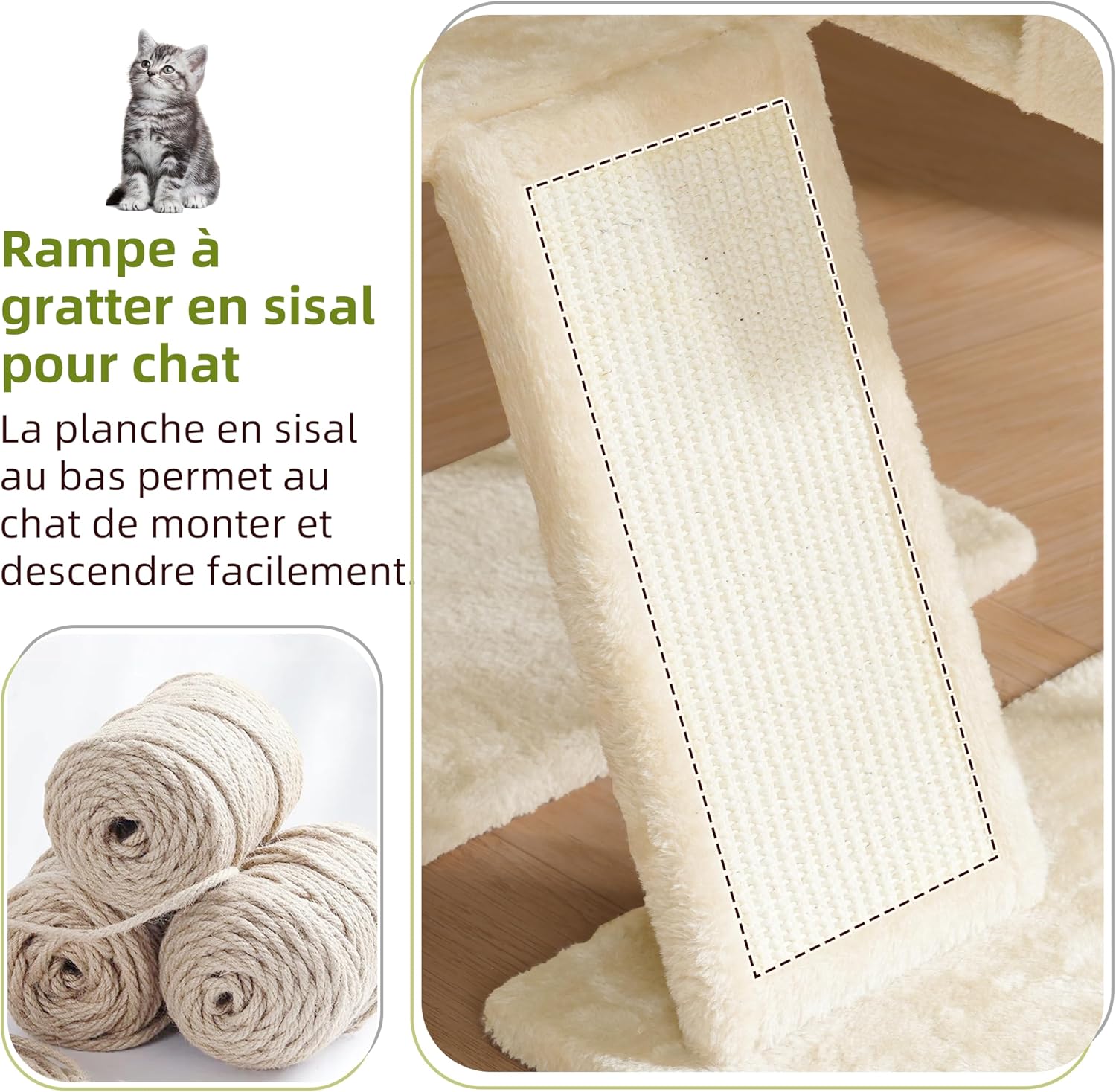 Thumbnail 4 de Arbre à chat d’intérieur Gitelsnour GCT006SM beige : tour de jeux avec griffoirs, hamac et plateforme amovible