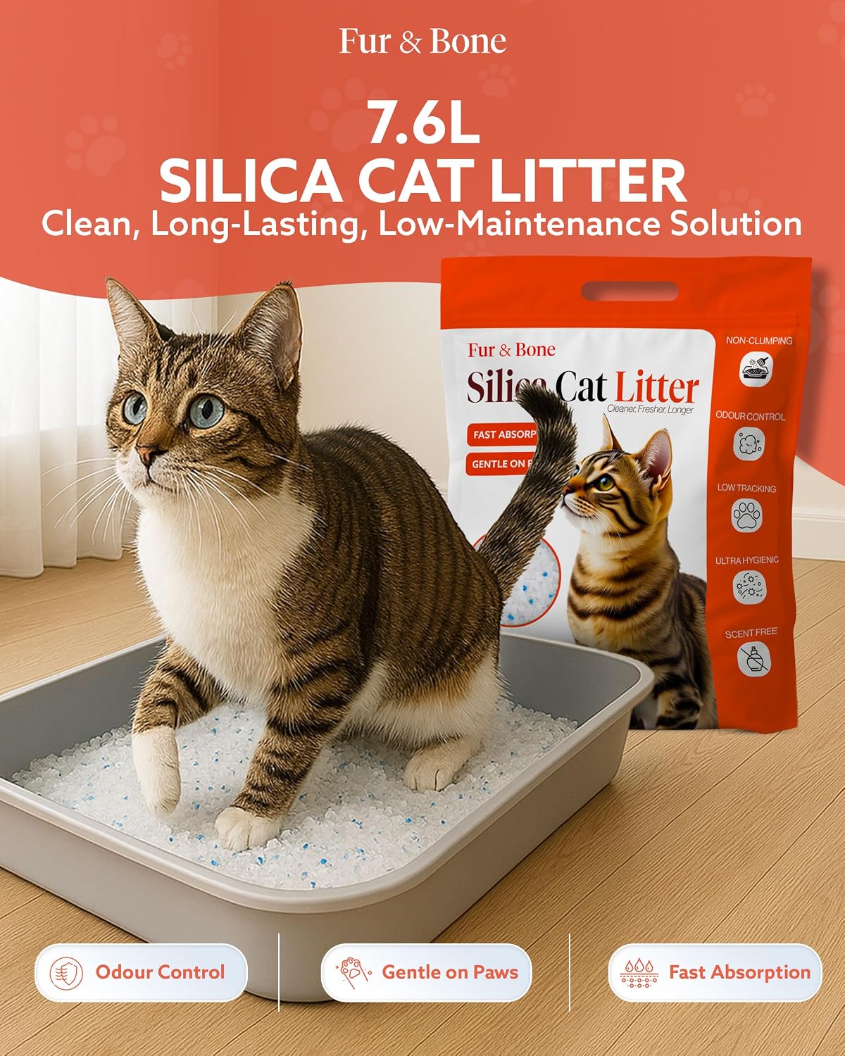 Detalle 2 de Fur & Bone 7.6L Silica Cat Litter – Non-Clumping Crystals for Odour Control and Easy Cleaning
