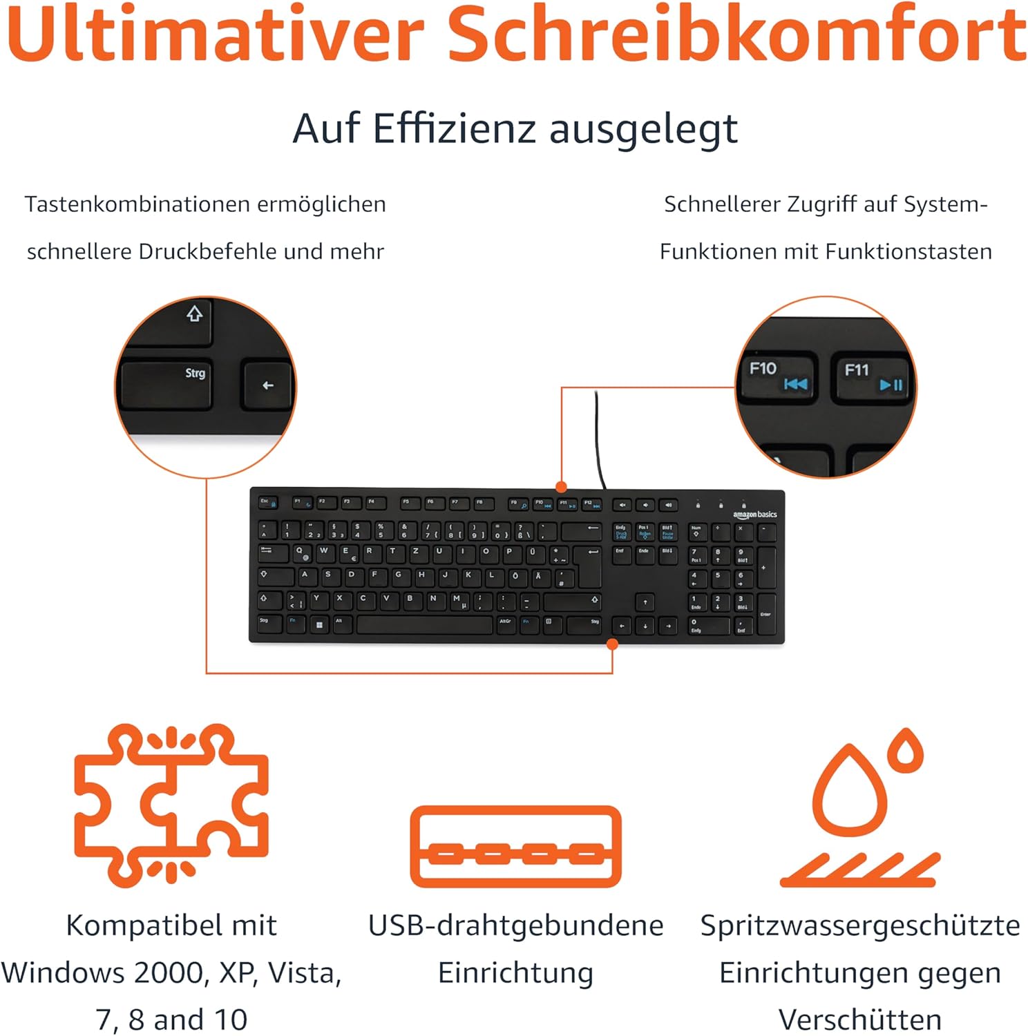 Detalle de Amazon Basics Tastatur mit DE-Layout – flaches USB-Tastatur-Design