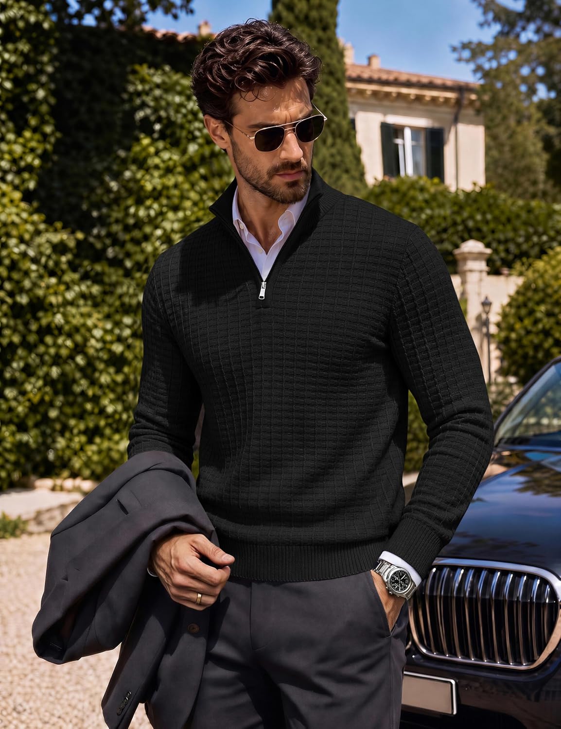 Detalle de TACVASEN Men's Quarter-Zip Textured Knit Mock-Neck Sweater