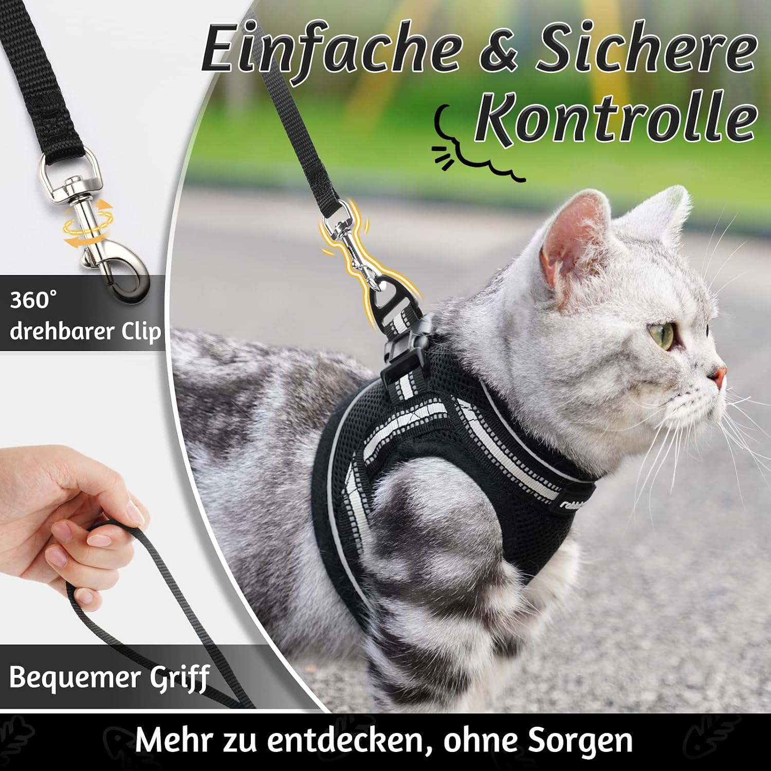 Detalle 2 de rabbitgoo Katzengeschirr mit Leine, ausbruchsicheres Kitten-Set (S) mit reflektierenden Streifen, Schwarz