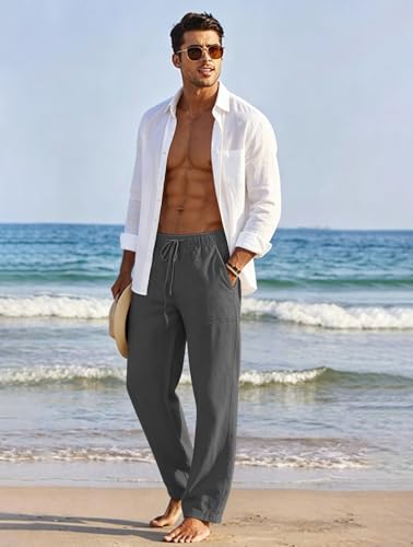 Detalle de Puimentiua Leinenhose Herren – Loose Fit, Dunkelgrau, Größe L