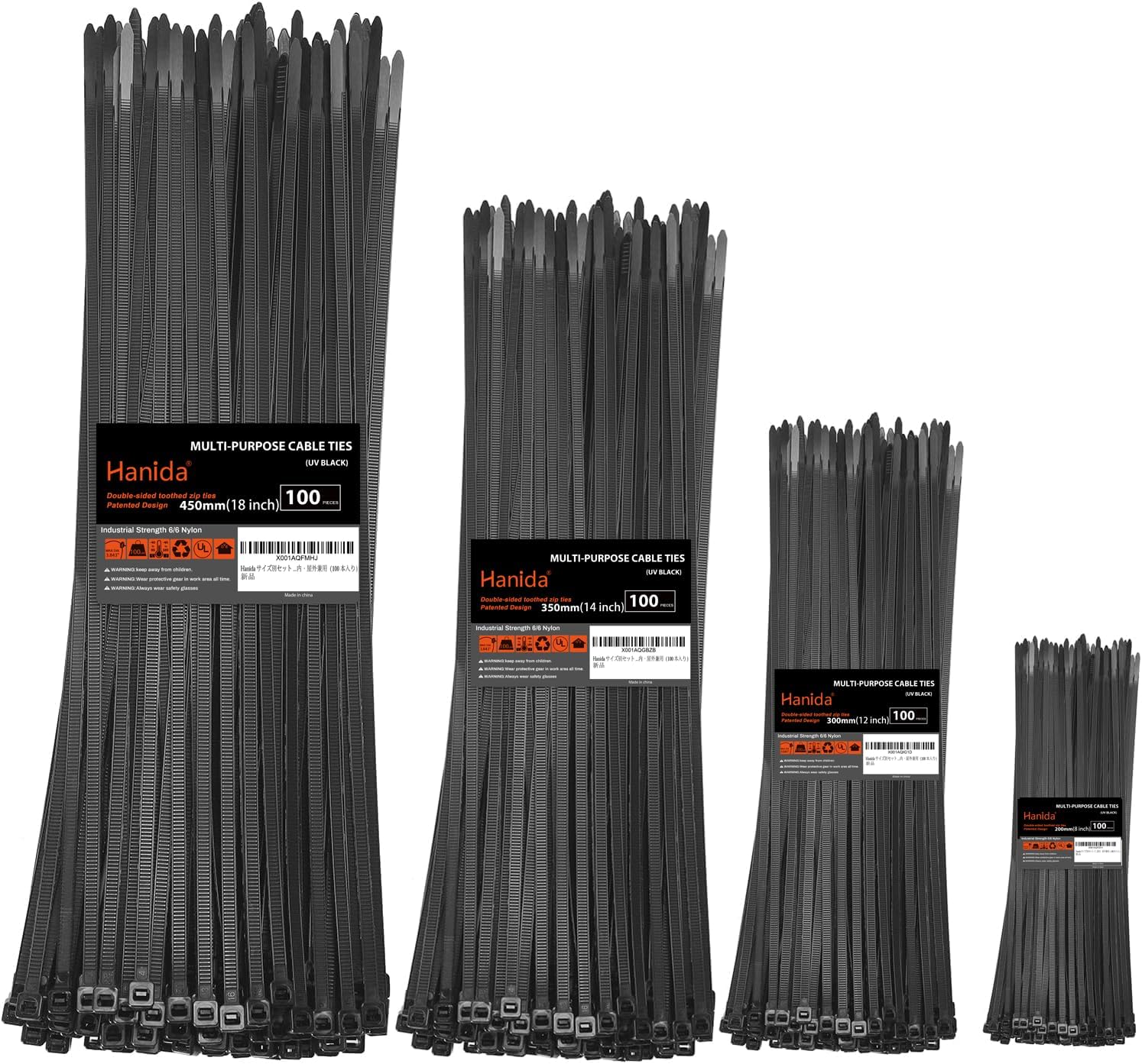 Hanida Heavy Duty Nylon Cable Ties (400 Pieces) – 200–450 mm, Double-Tooth, Self-Locking, Indoor/Outdoor
