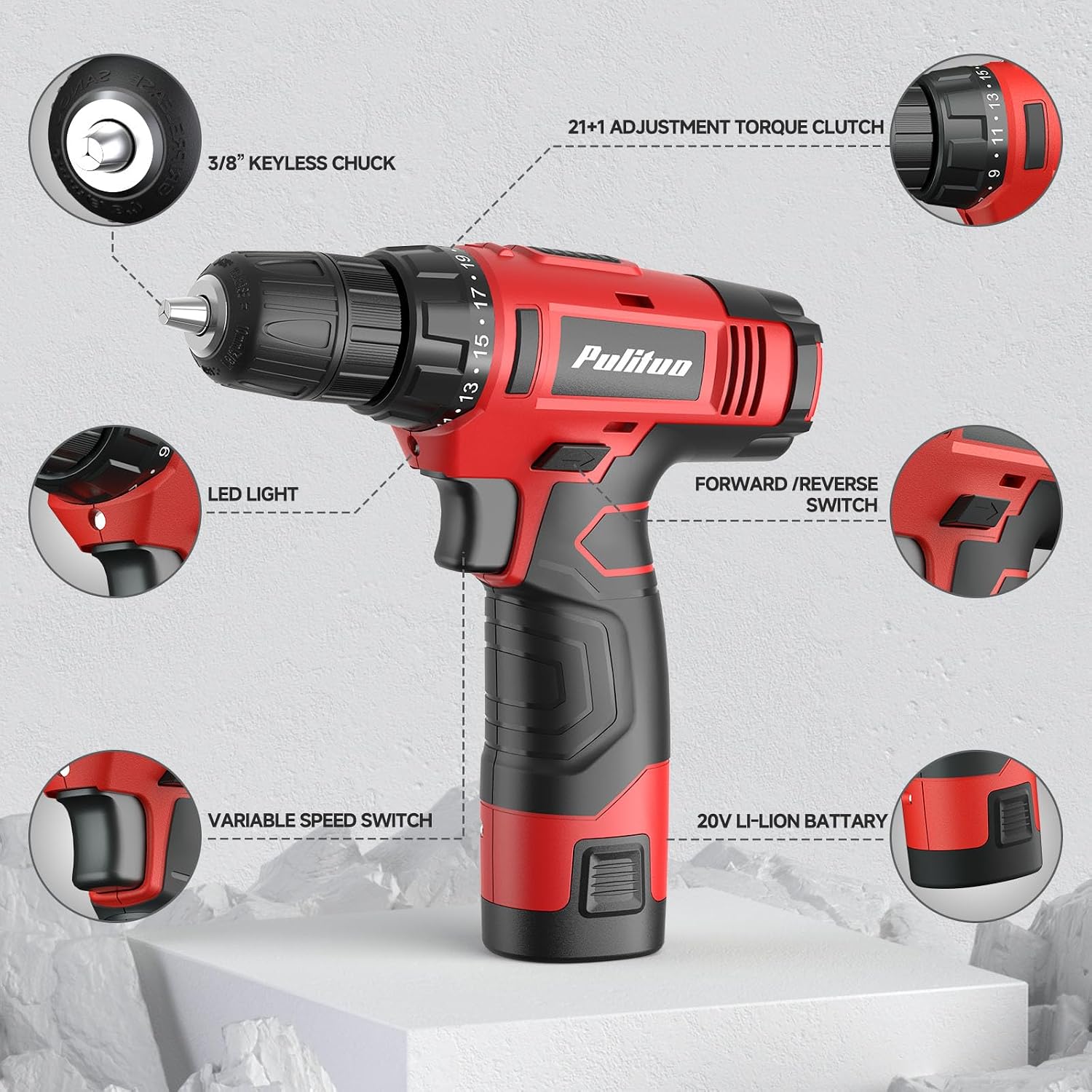 Detalle de PULITUO 149-Piece Home Drill Set with 12V Cordless Drill, LED Light and Tool Box