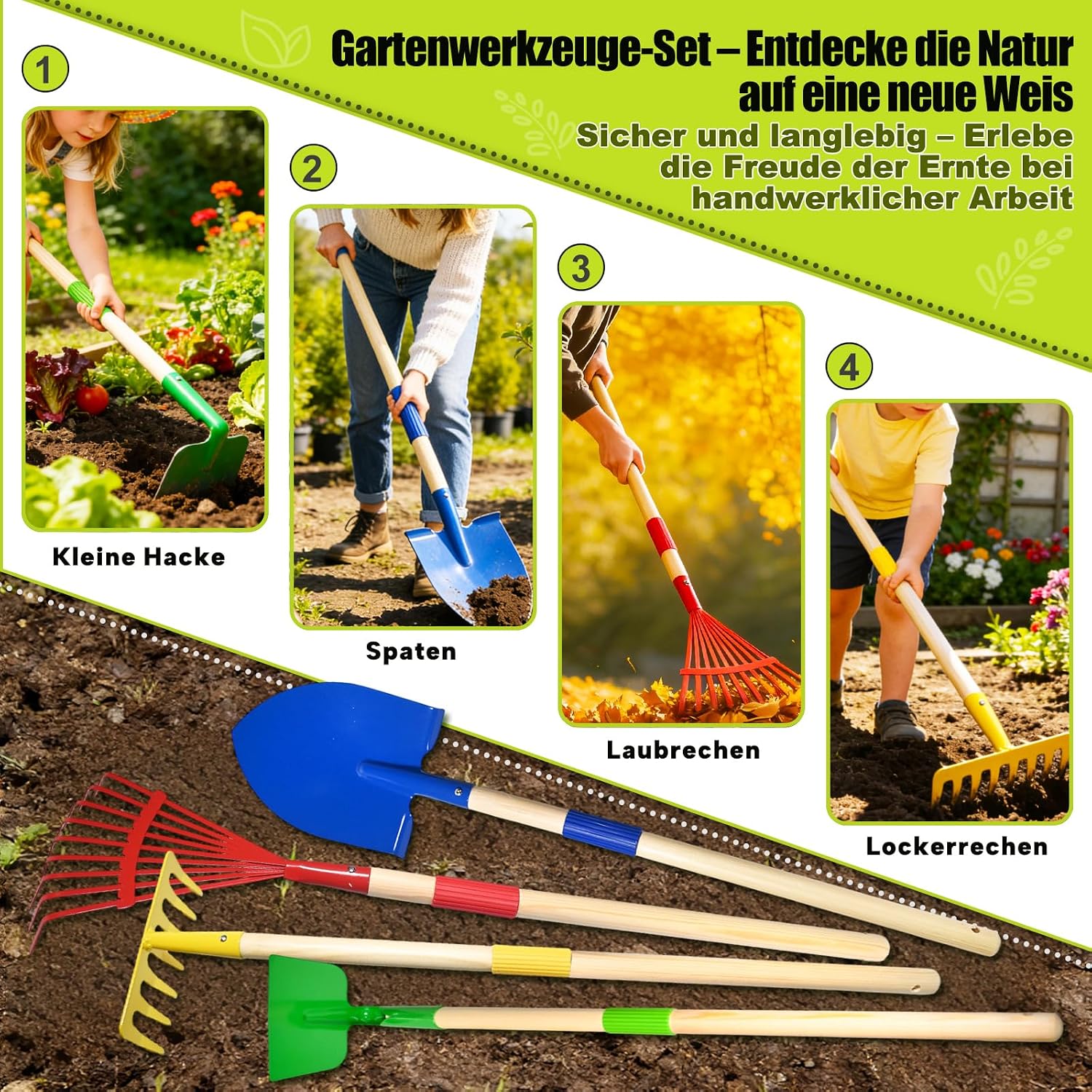Thumbnail 2 de Kinder Gartenwerkzeug-Set (10-teilig) aus Metall mit Schaufel, Rechen, Gabel, Handschuhen, Schürze & Gießkanne