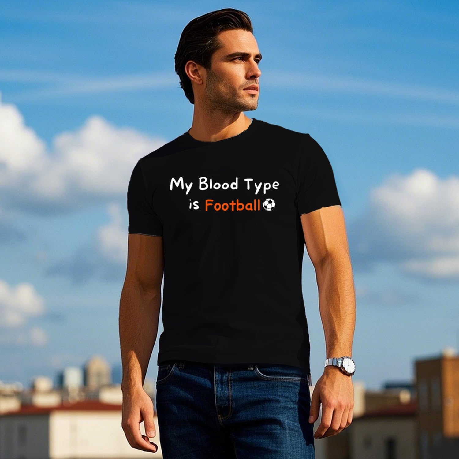 Detalle de SUWATOIN Football Shirt for Men: My Blood Type is Football – Comfortable, Breathable Tee