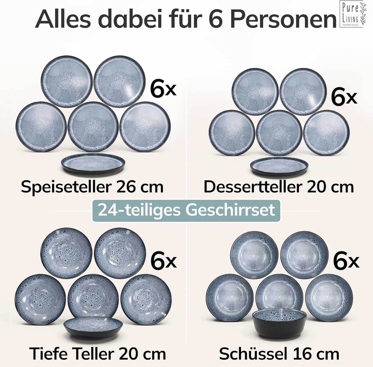 Detalle de Steingut Geschirrset 6 Personen Ibiza 24-tlg. TESTSIEGER – Pure Living, Graublau