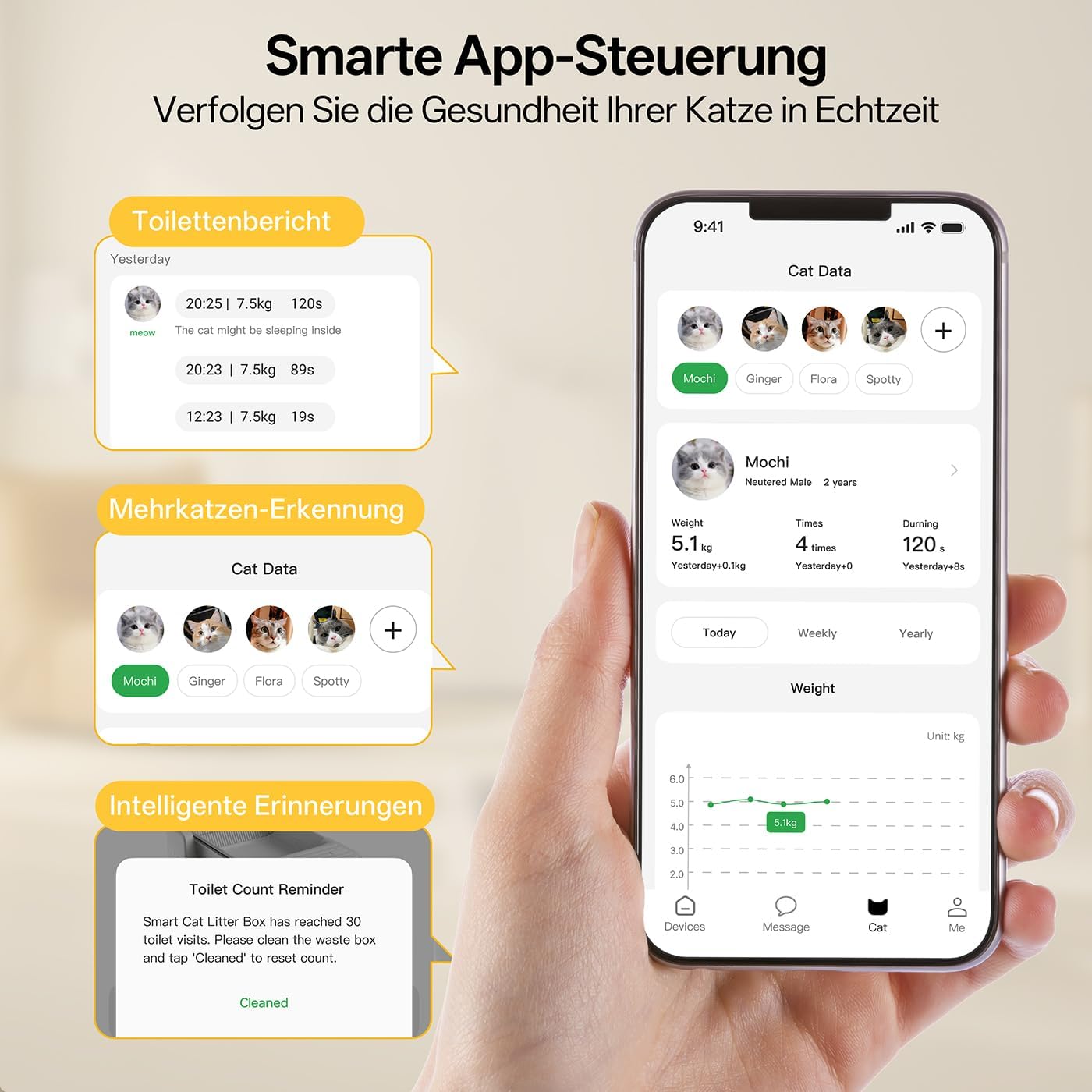 Detalle de UBPET C31 lettiera autopulente open-top con controllo app e sistema a doppio rastrello