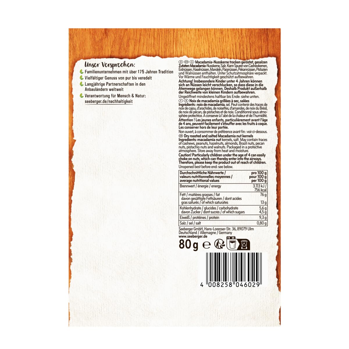 Detalle 2 de Seeberger Macadamias geröstet & gesalzen 13er Pack (13 x 80 g) – vegan, schonend geröstet