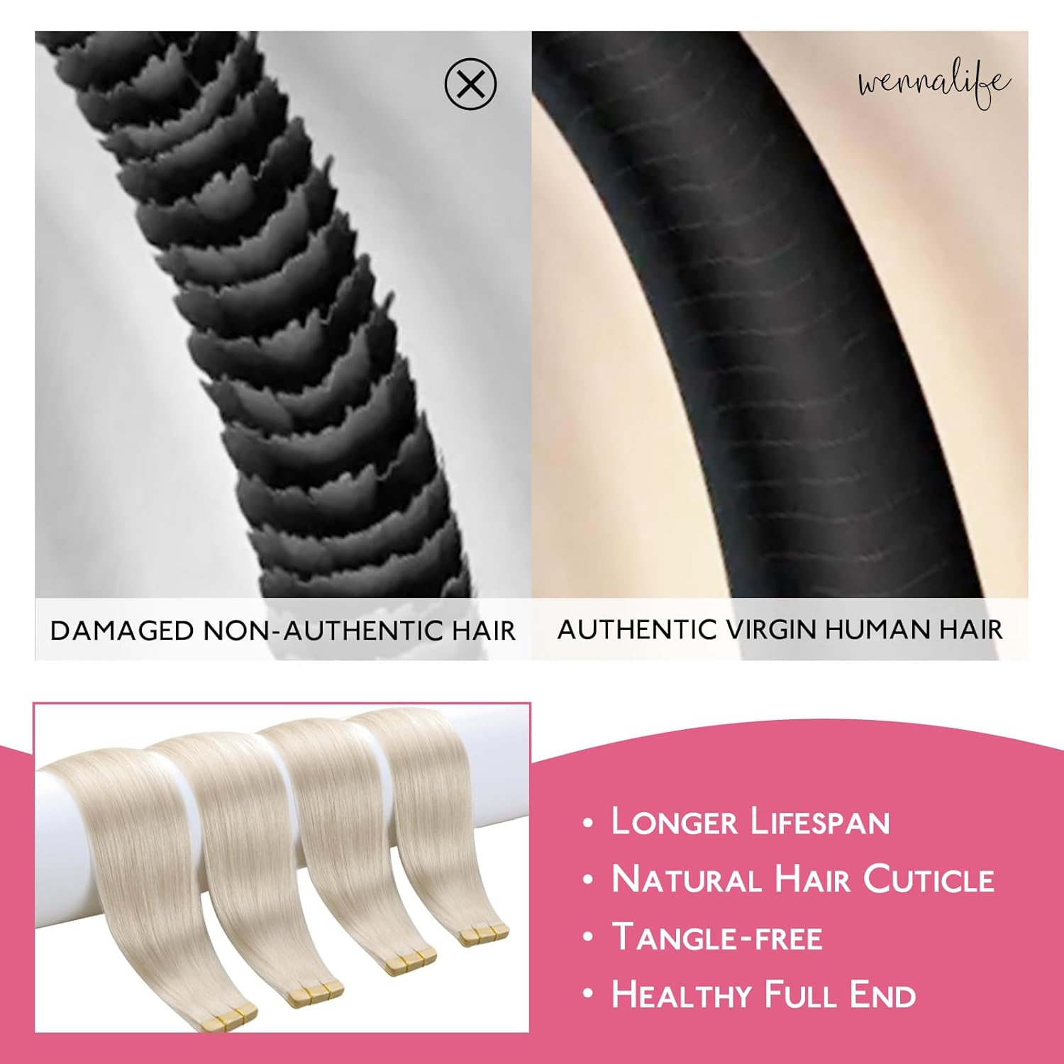 Detalle de WENNALIFE Tape Extensions Echthaar – 10 Stück, 25 g, 35 cm, Platinblond – Remy Invisible Tape Extensions