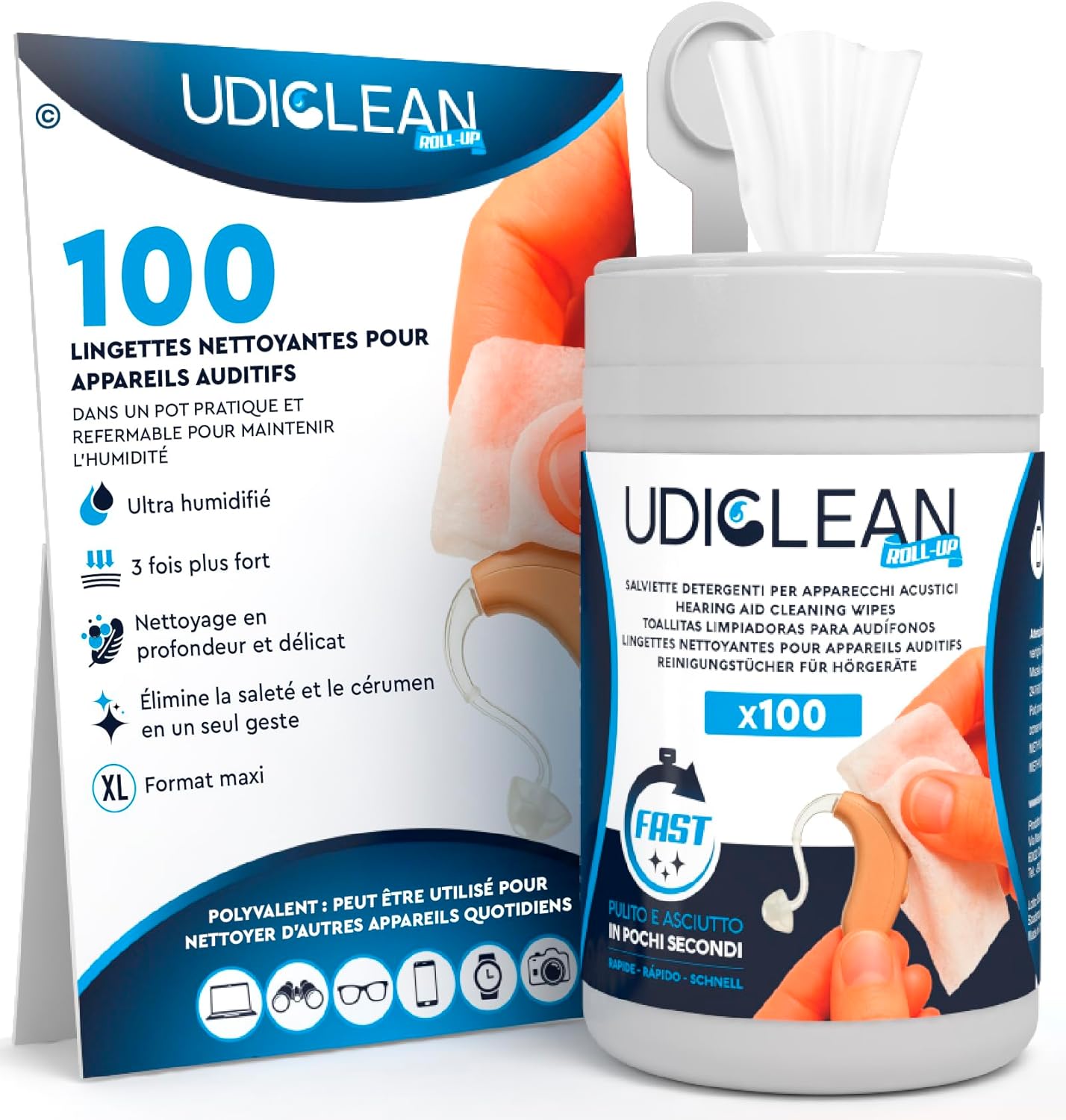 200 lingettes humidifiées Udiclean, emballées individuellement, pour appareils auditifs et implants cochléaires